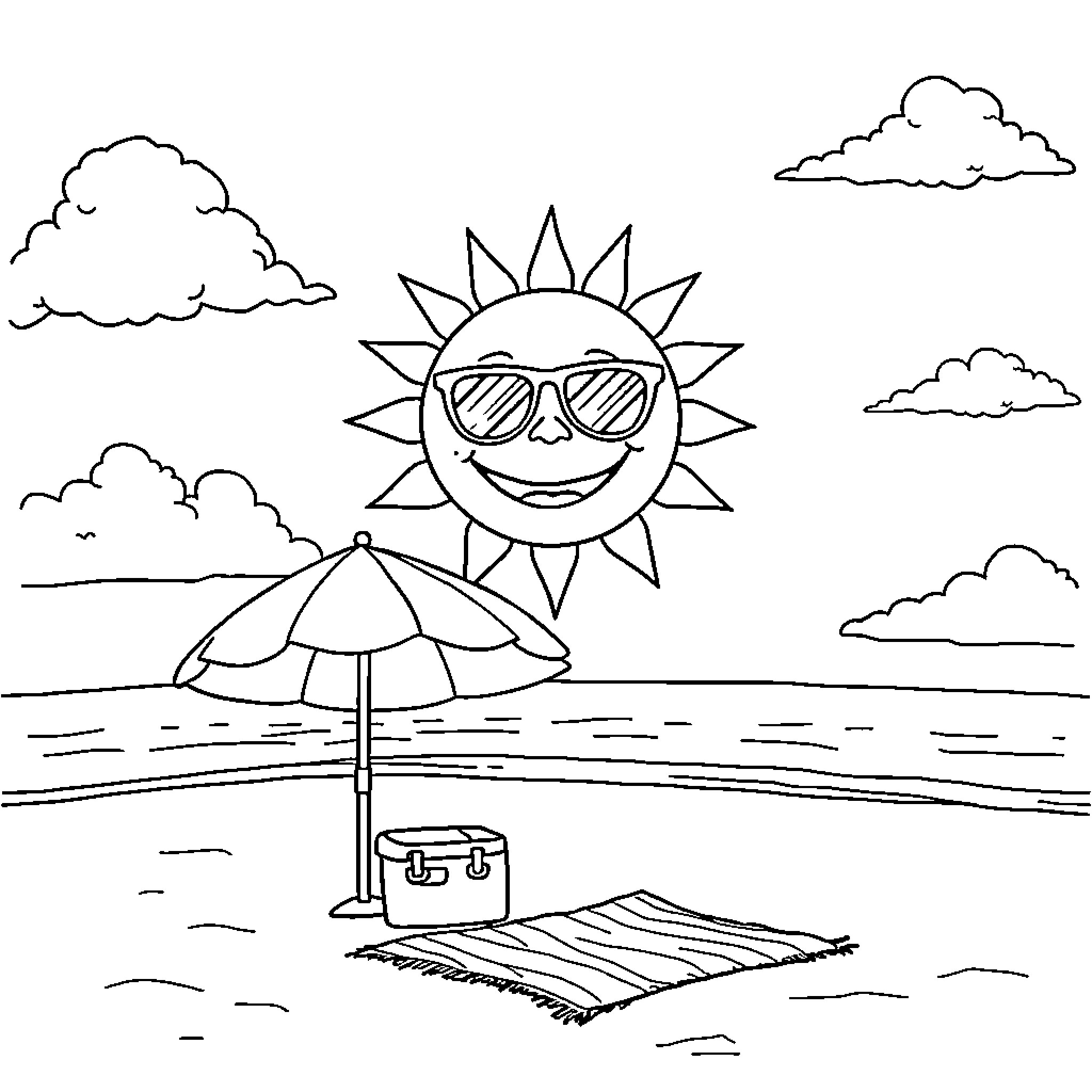 Sun shining brightly on a fun beach day Coloring Page (free black-and-white line drawing printable PDF for all, from beginners to advanced learners, including children, teens, adults, and seniors)