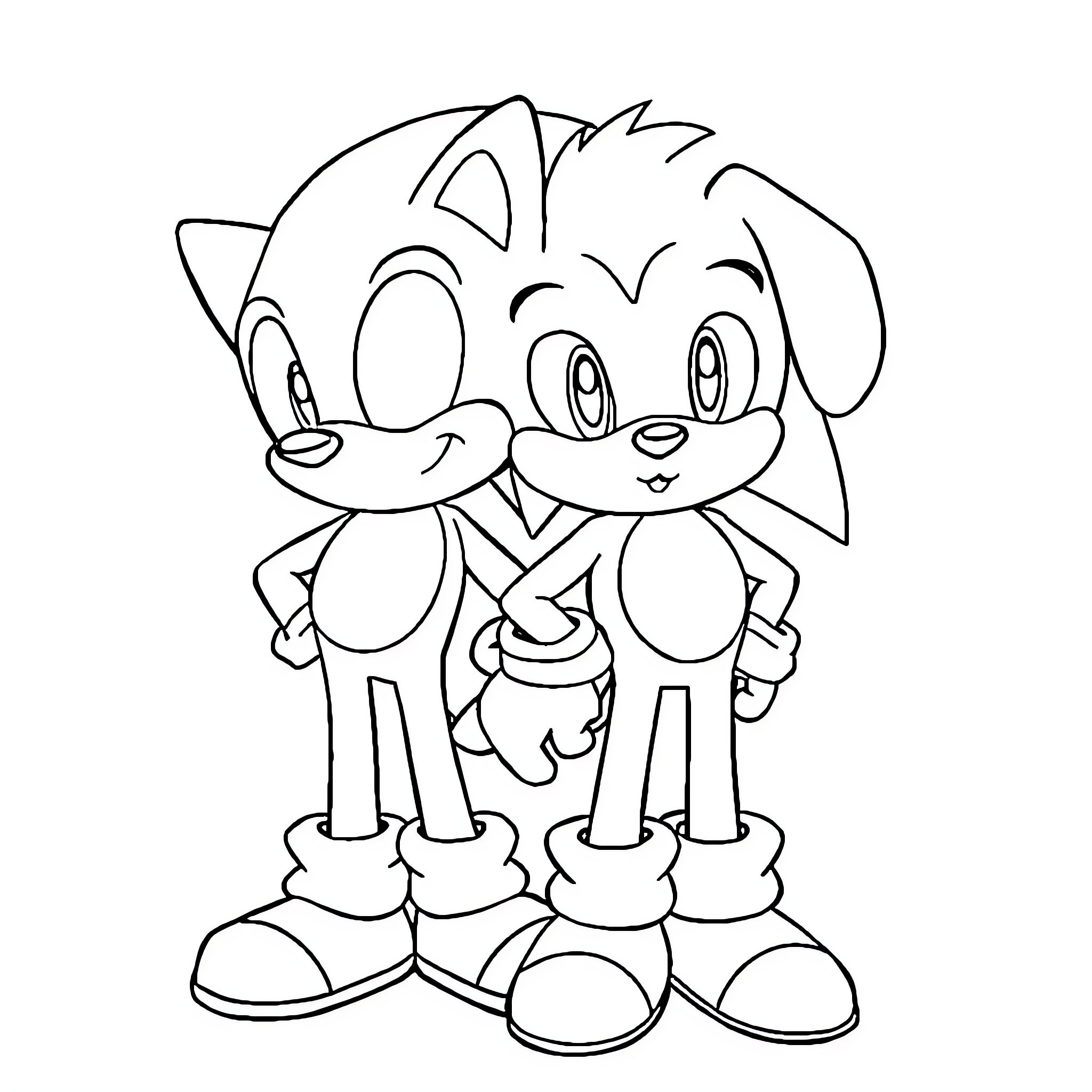 Sonic characters posing together happily Coloring Page (free black-and-white line drawing printable PDF for all, from beginners to advanced learners, including children, teens, adults, and seniors)