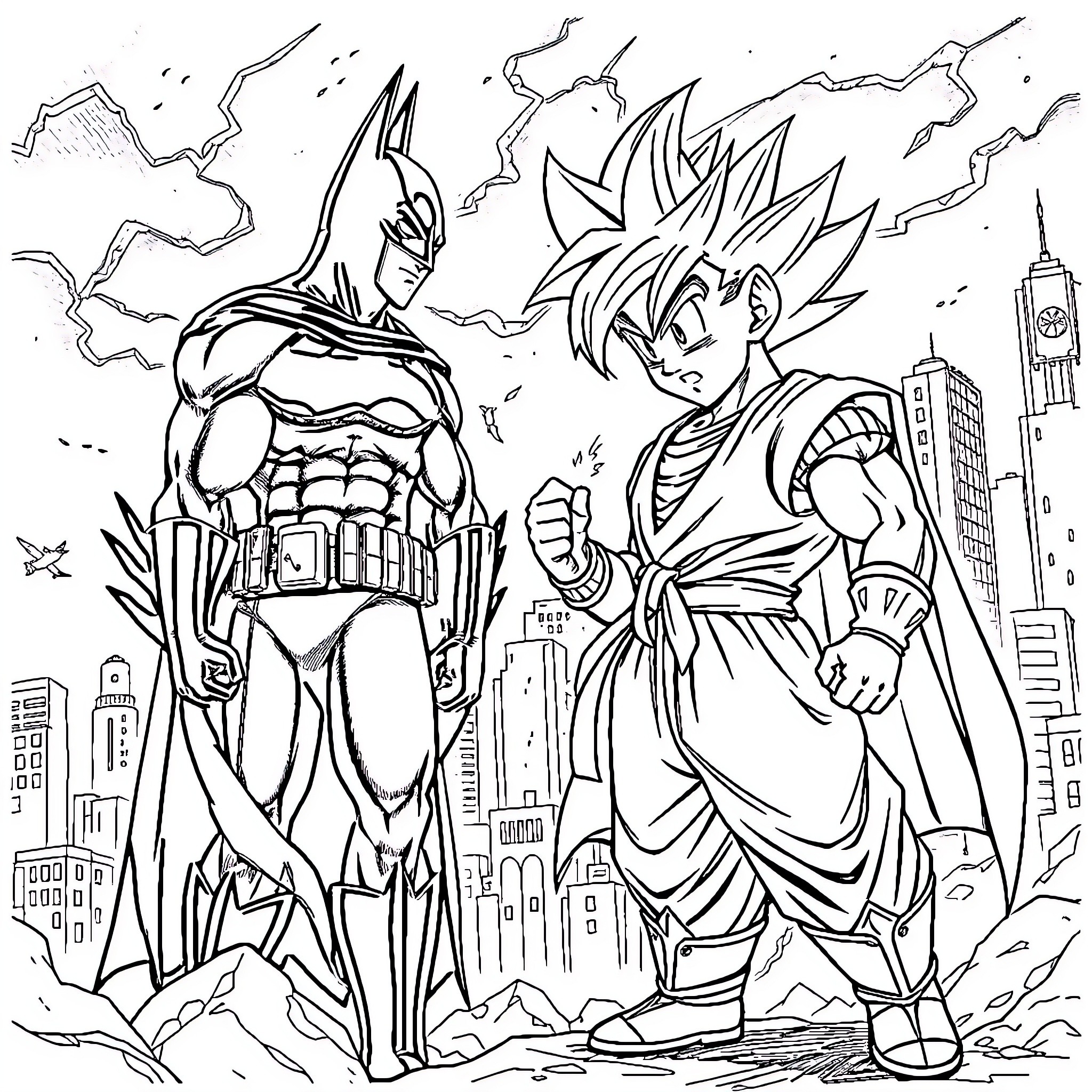 Gohan and Batman in a heroic city scene Coloring Page (free black-and-white line drawing printable PDF for all, from beginners to advanced learners, including children, teens, adults, and seniors)