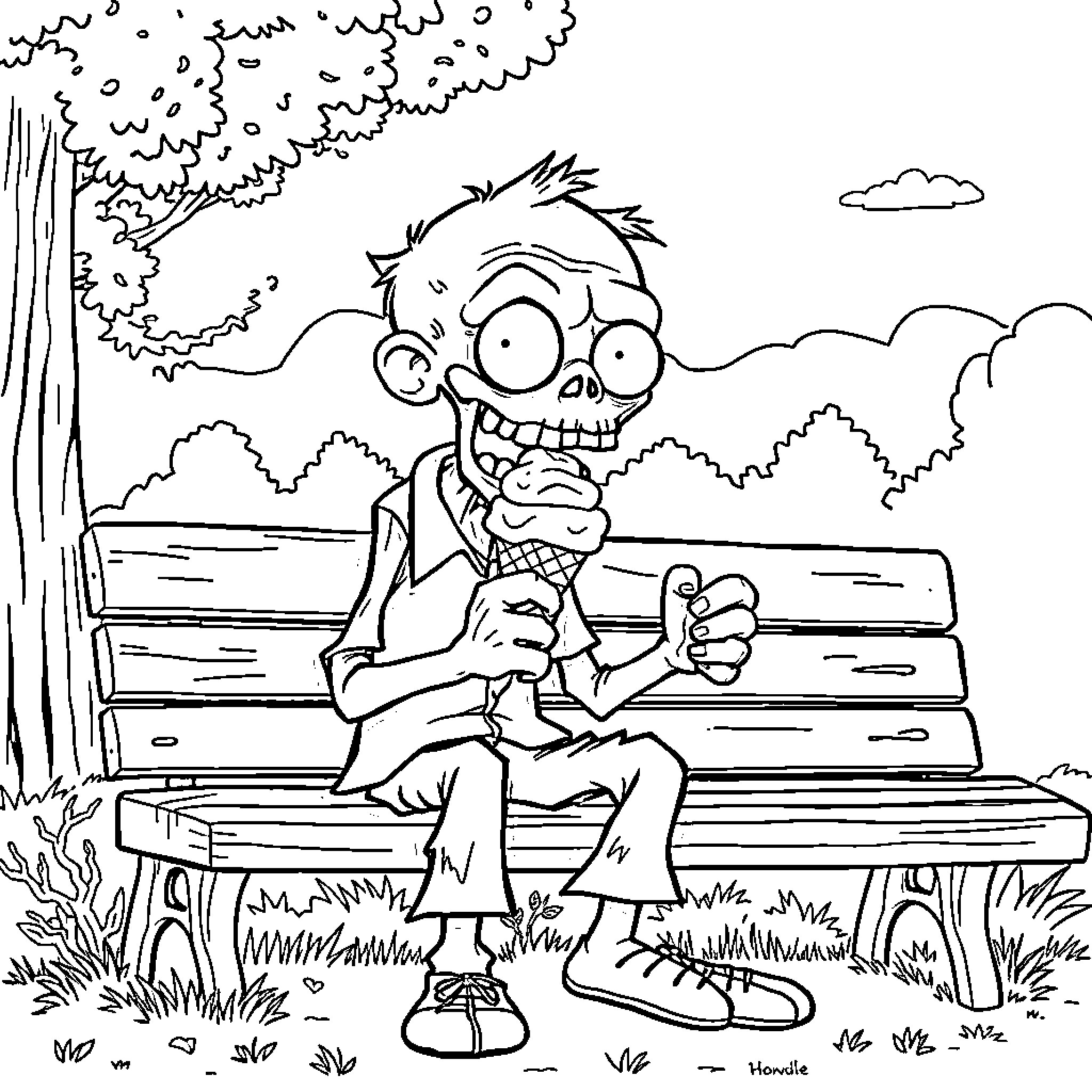 Zombie Sitting Menacingly on Park Bench Coloring Page (free black-and-white line drawing printable PDF for all, from beginners to advanced learners, including children, teens, adults, and seniors)