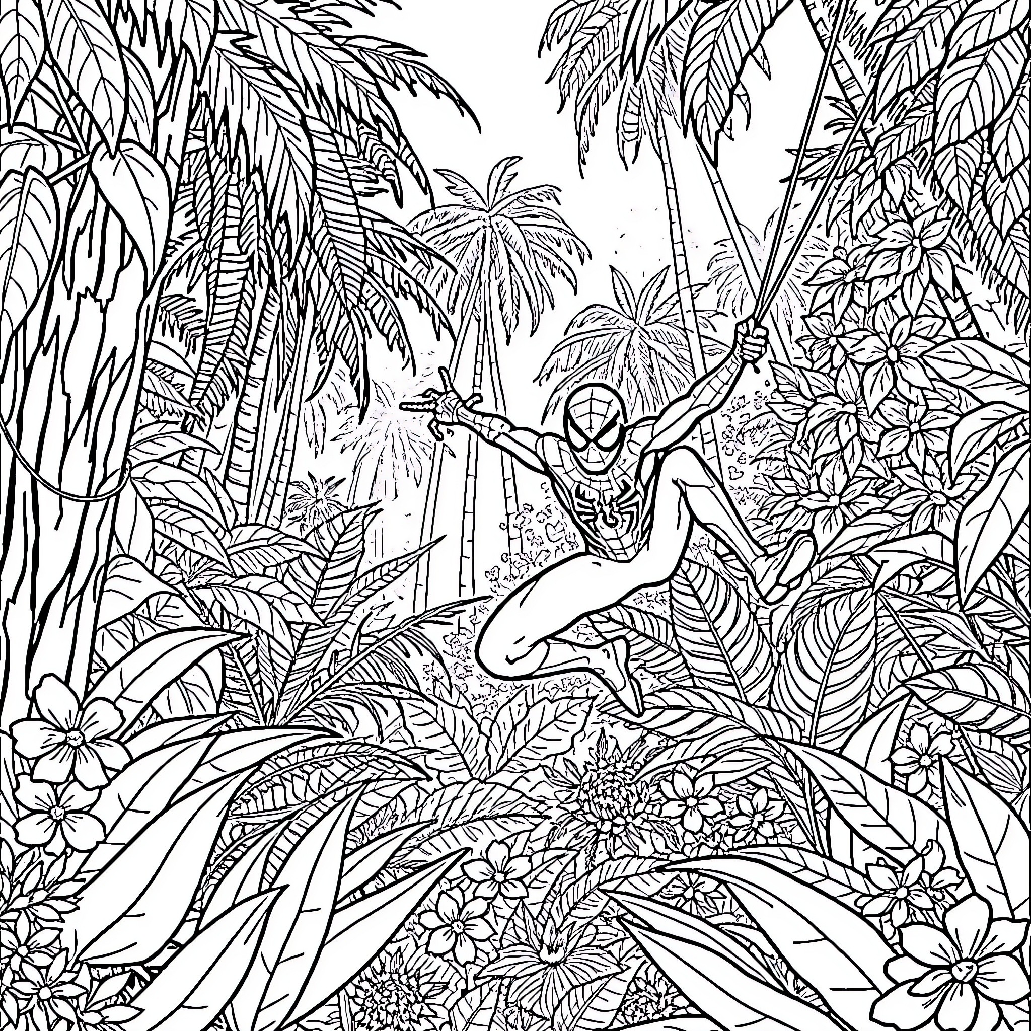 Spider-Man Swinging Through Lush Jungle Foliage Coloring Page (free black-and-white line drawing printable PDF for all, from beginners to advanced learners, including children, teens, adults, and seniors)