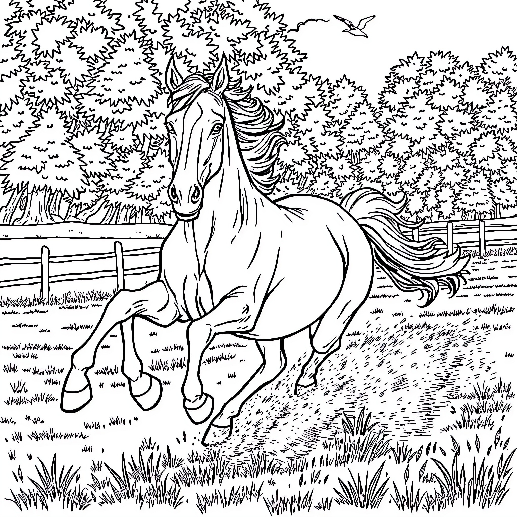 Horse galloping freely in the countryside Coloring Page (free black-and-white line drawing printable PDF for all, from beginners to advanced learners, including children, teens, adults, and seniors)