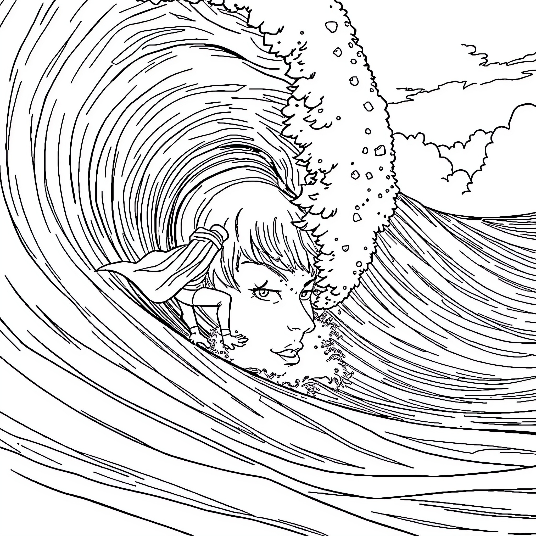 Seigneur des Anneaux: Surfer Riding a Massive Wave Coloring Page (free black-and-white line drawing printable PDF for all, from beginners to advanced learners, including children, teens, adults, and seniors)