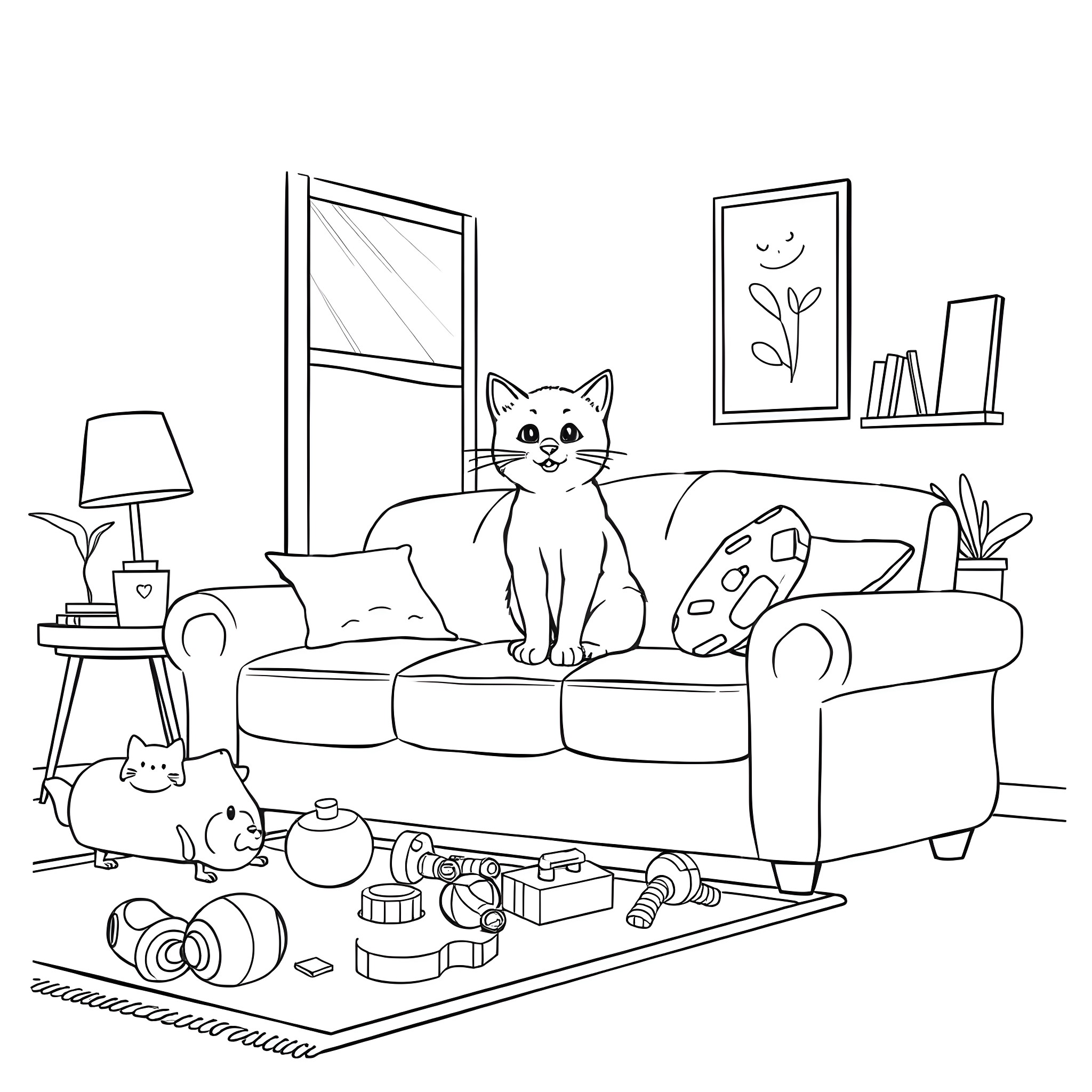 Cat relaxing on the couch with toys Coloring Page (free black-and-white line drawing printable PDF for all, from beginners to advanced learners, including children, teens, adults, and seniors)