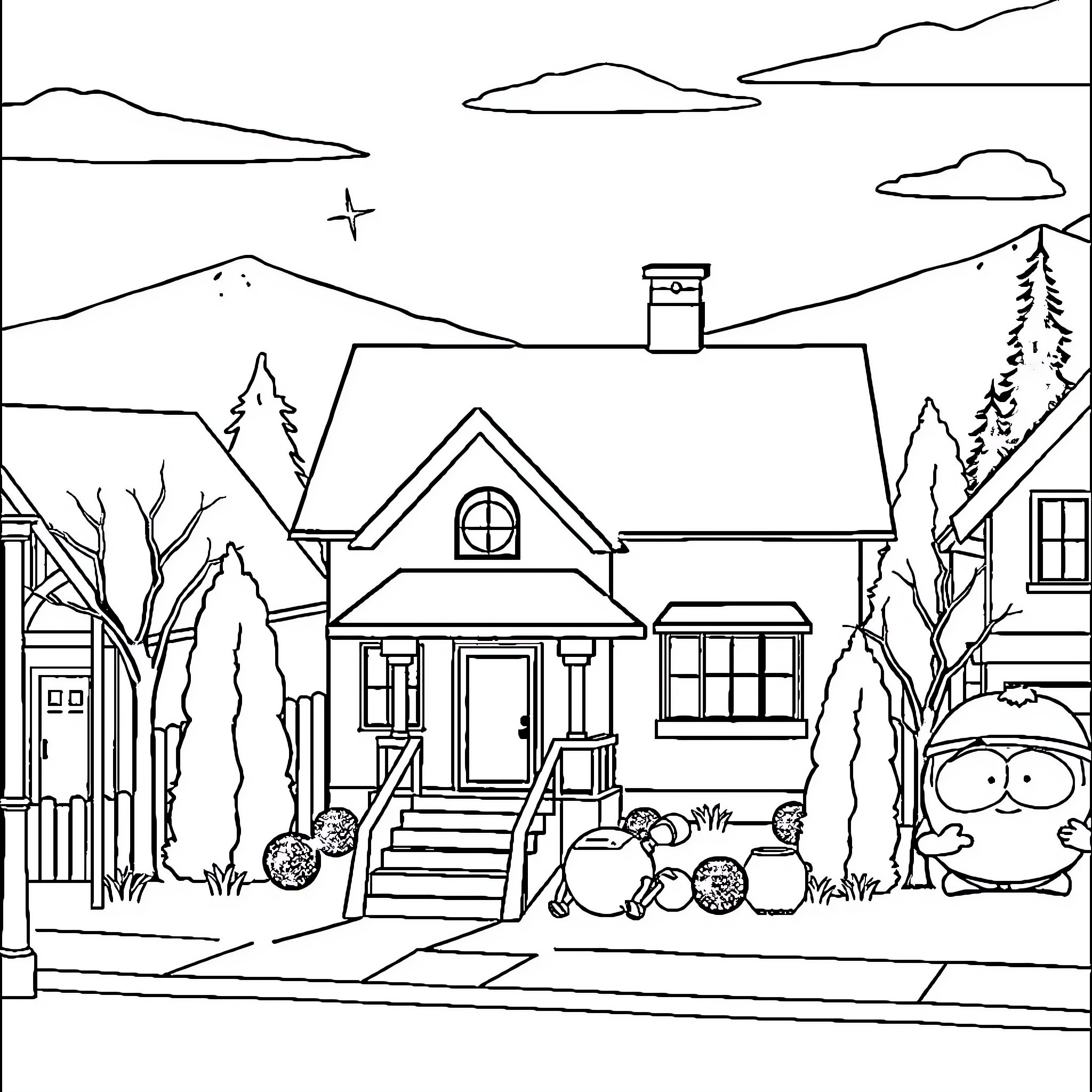 Southpark neighborhood scene with houses and characters Coloring Page (free black-and-white line drawing printable PDF for all, from beginners to advanced learners, including children, teens, adults, and seniors)