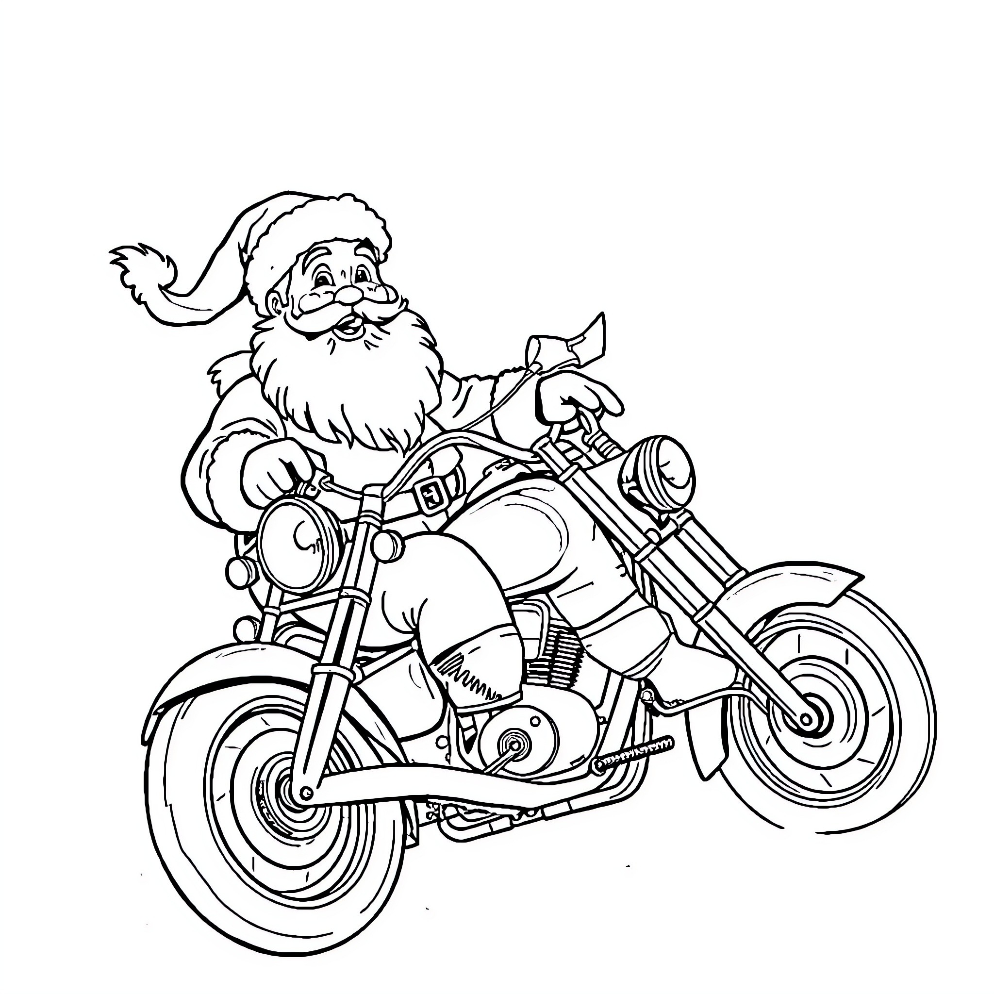 Santa riding a motorcycle with joy Coloring Page (free black-and-white line drawing printable PDF for all, from beginners to advanced learners, including children, teens, adults, and seniors)