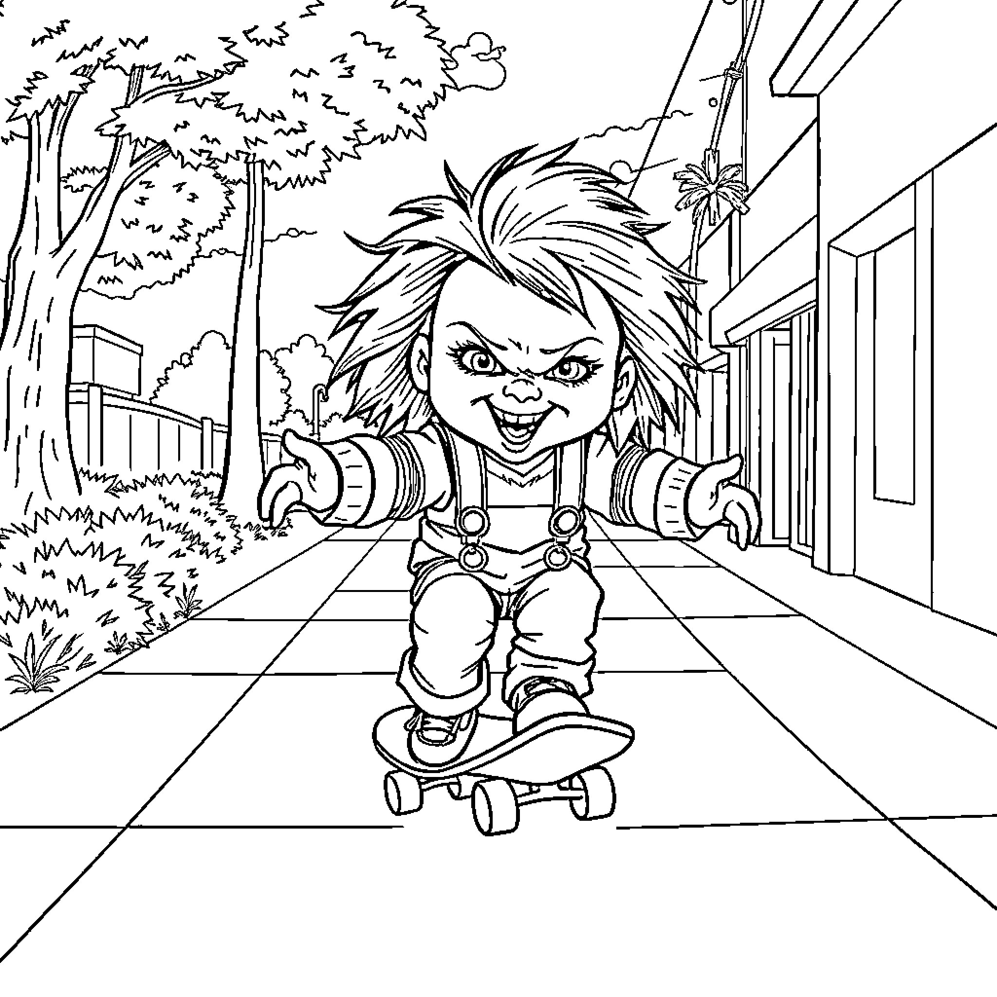 Chucky skating through the city streets Coloring Page (free black-and-white line drawing printable PDF for all, from beginners to advanced learners, including children, teens, adults, and seniors)