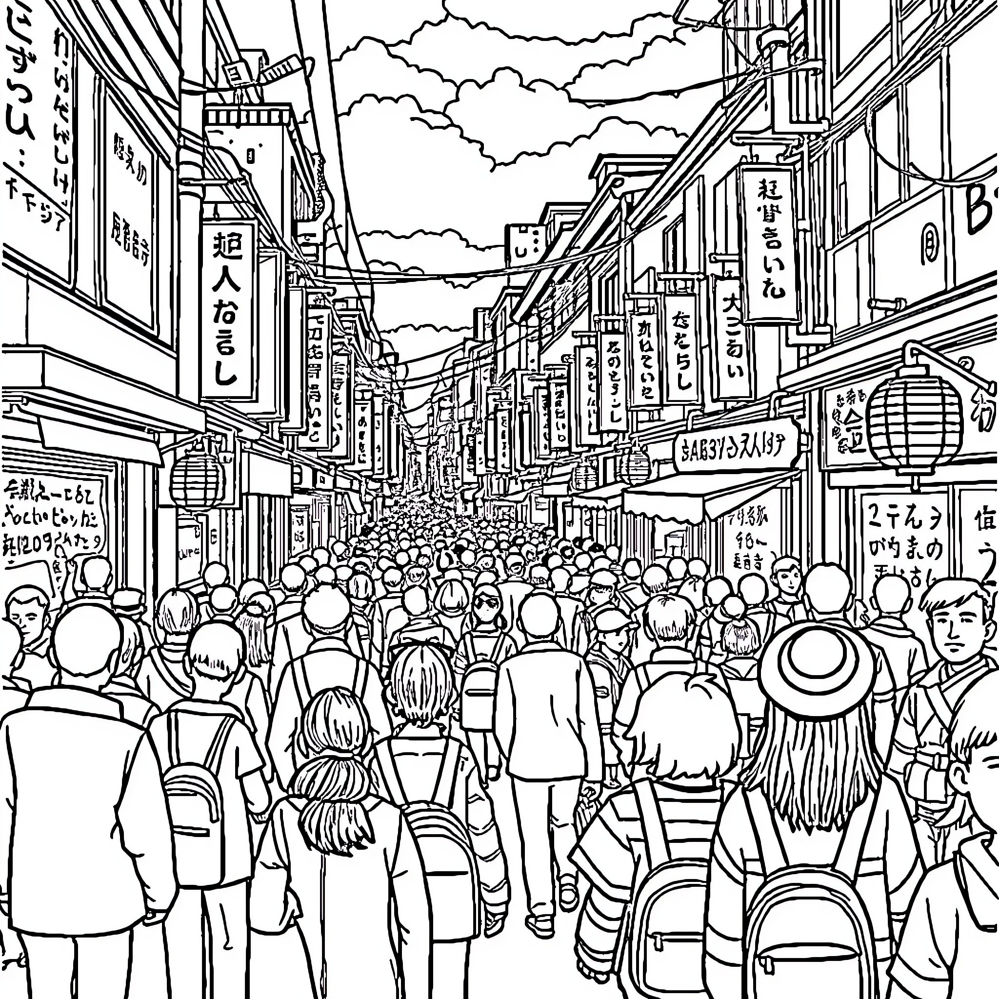 Waldo in the Crowded City Street Coloring Page (free black-and-white line drawing printable PDF for all, from beginners to advanced learners, including children, teens, adults, and seniors)