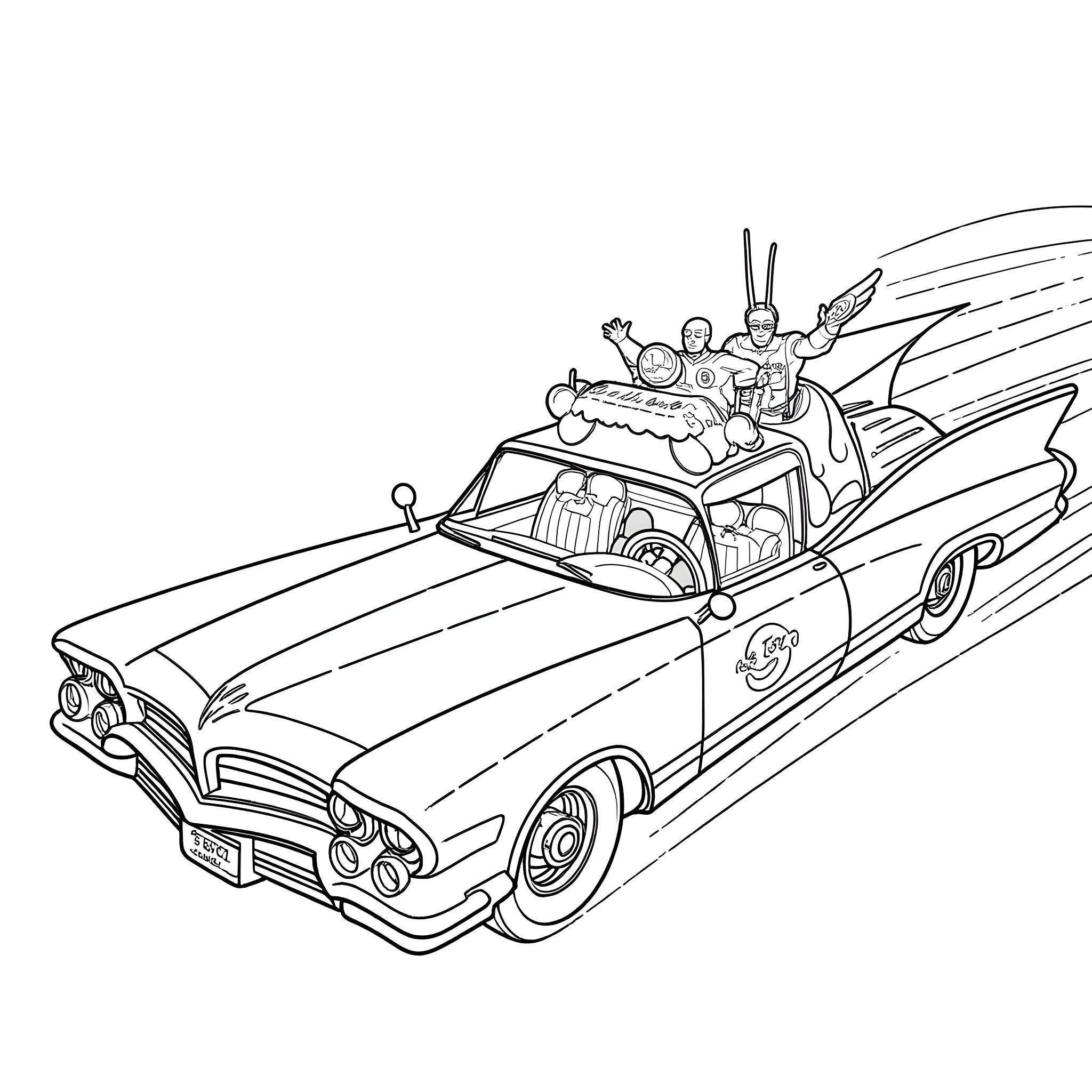 Batman speeding away in his vintage car Coloring Page (free black-and-white line drawing printable PDF for all, from beginners to advanced learners, including children, teens, adults, and seniors)