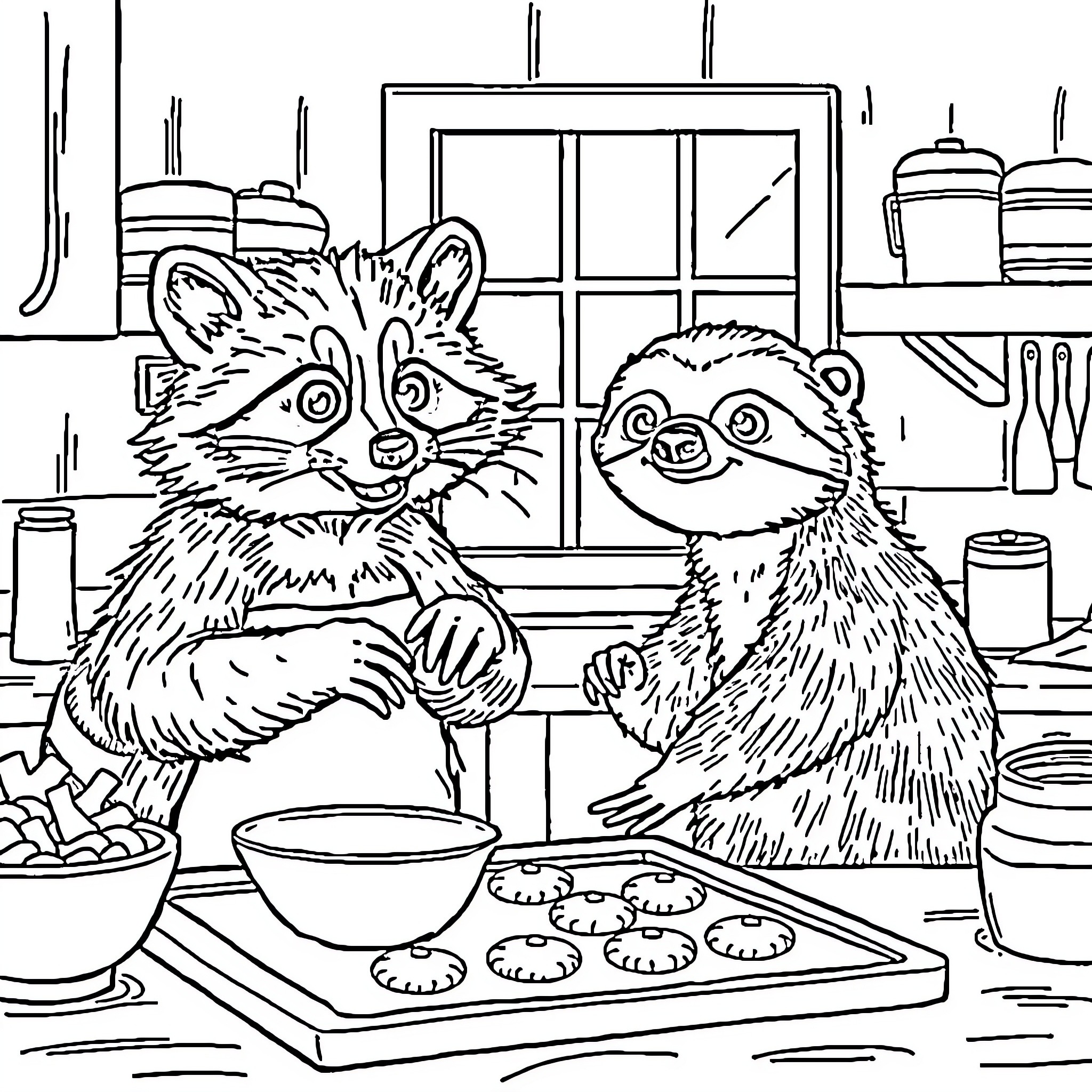 Raccoons baking treats in the kitchen Coloring Page (free black-and-white line drawing printable PDF for all, from beginners to advanced learners, including children, teens, adults, and seniors)