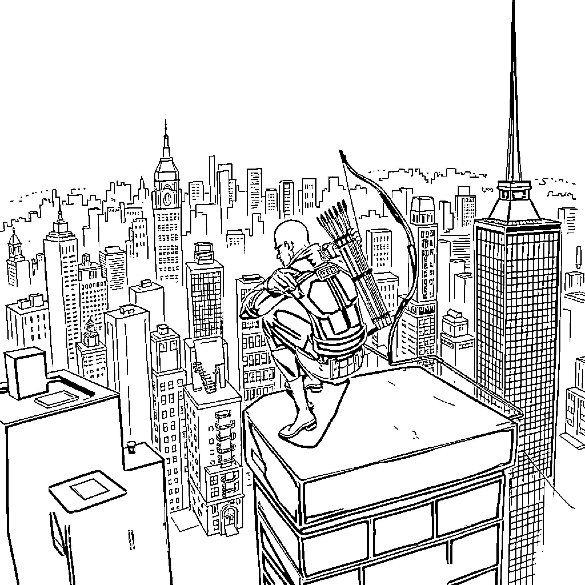 Green Arrow surveying the city skyline Coloring Page (free black-and-white line drawing printable PDF for all, from beginners to advanced learners, including children, teens, adults, and seniors)