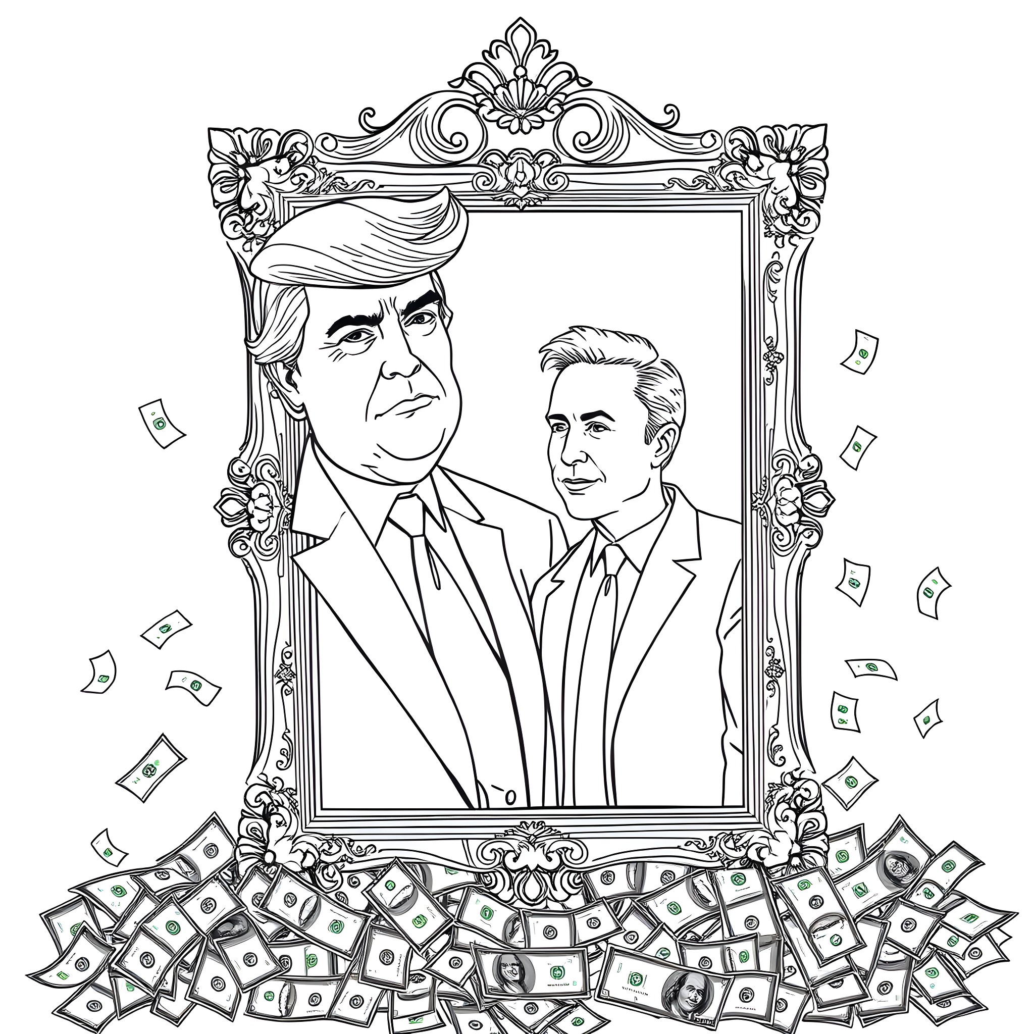 Donald Trump and a Companion in an Ornate Frame Coloring Page (free black-and-white line drawing printable PDF for all, from beginners to advanced learners, including children, teens, adults, and seniors)