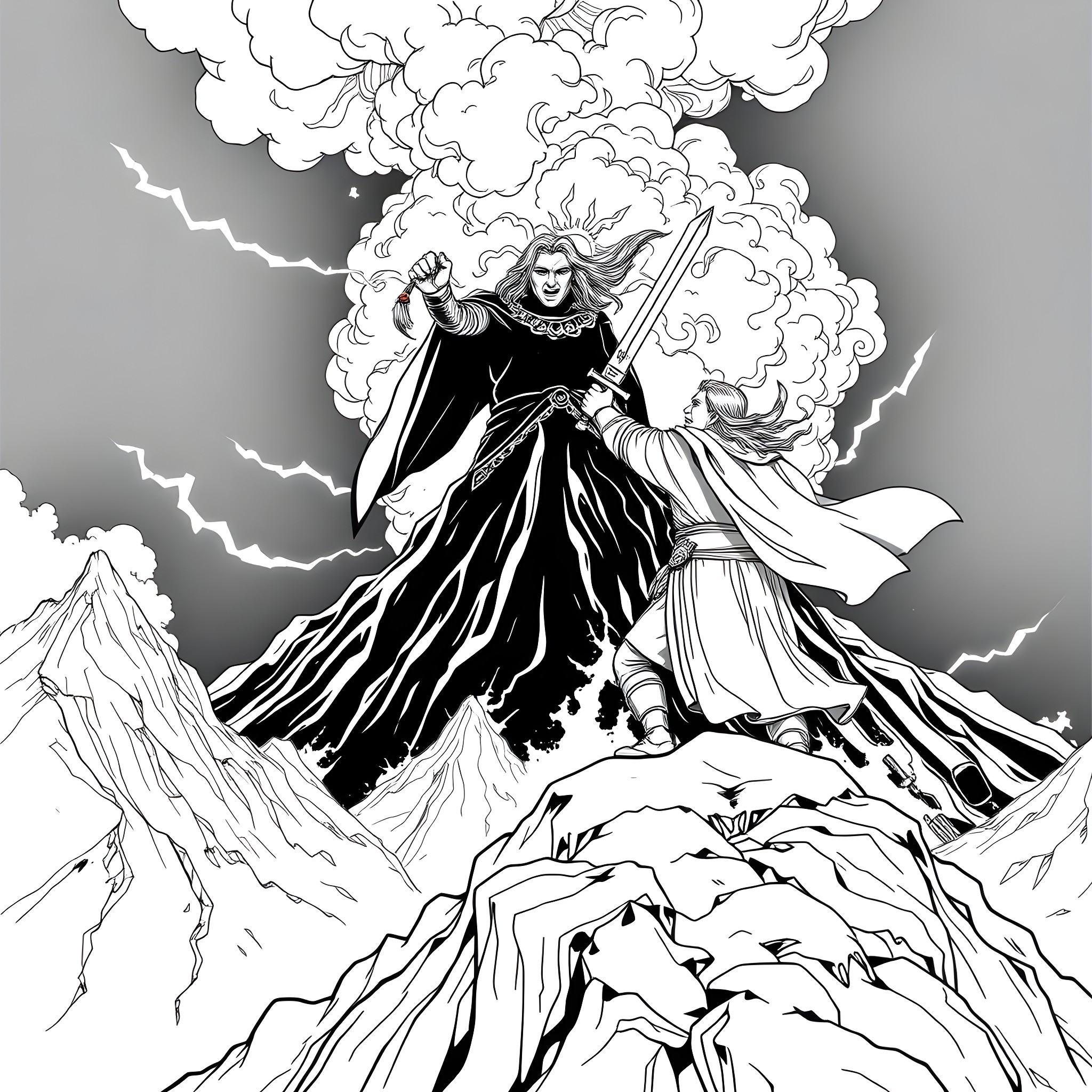 Aragorn, the Ranger, Faces the Elements in a Dramatic Pose Coloring Page (free black-and-white line drawing printable PDF for all, from beginners to advanced learners, including children, teens, adults, and seniors)
