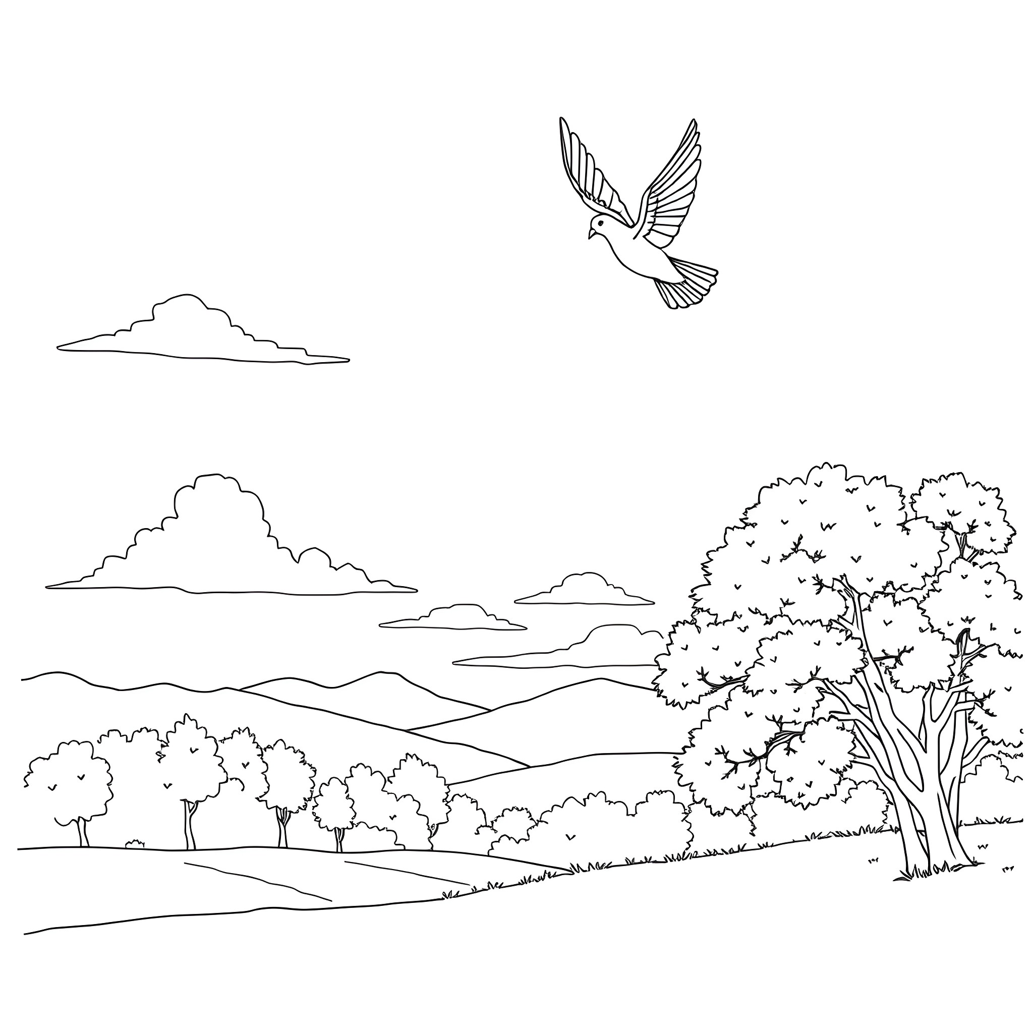 Peace in the serene countryside landscape Coloring Page (free black-and-white line drawing printable PDF for all, from beginners to advanced learners, including children, teens, adults, and seniors)