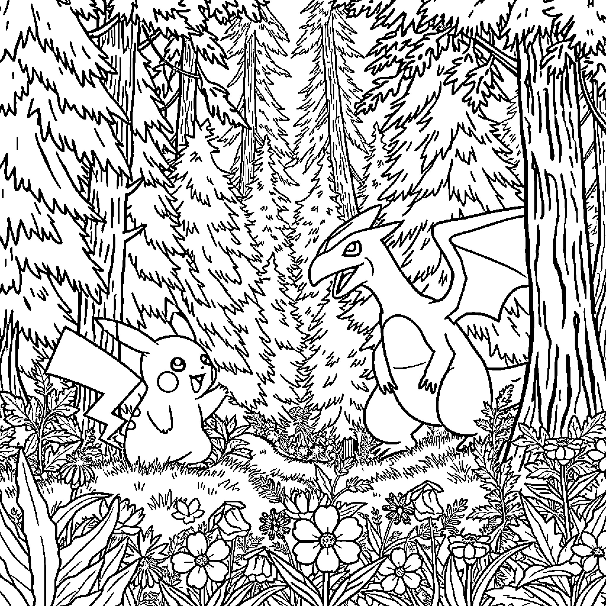 Pikachu and Dragon Exploring the Enchanted Forest Coloring Page (free black-and-white line drawing printable PDF for all, from beginners to advanced learners, including children, teens, adults, and seniors)