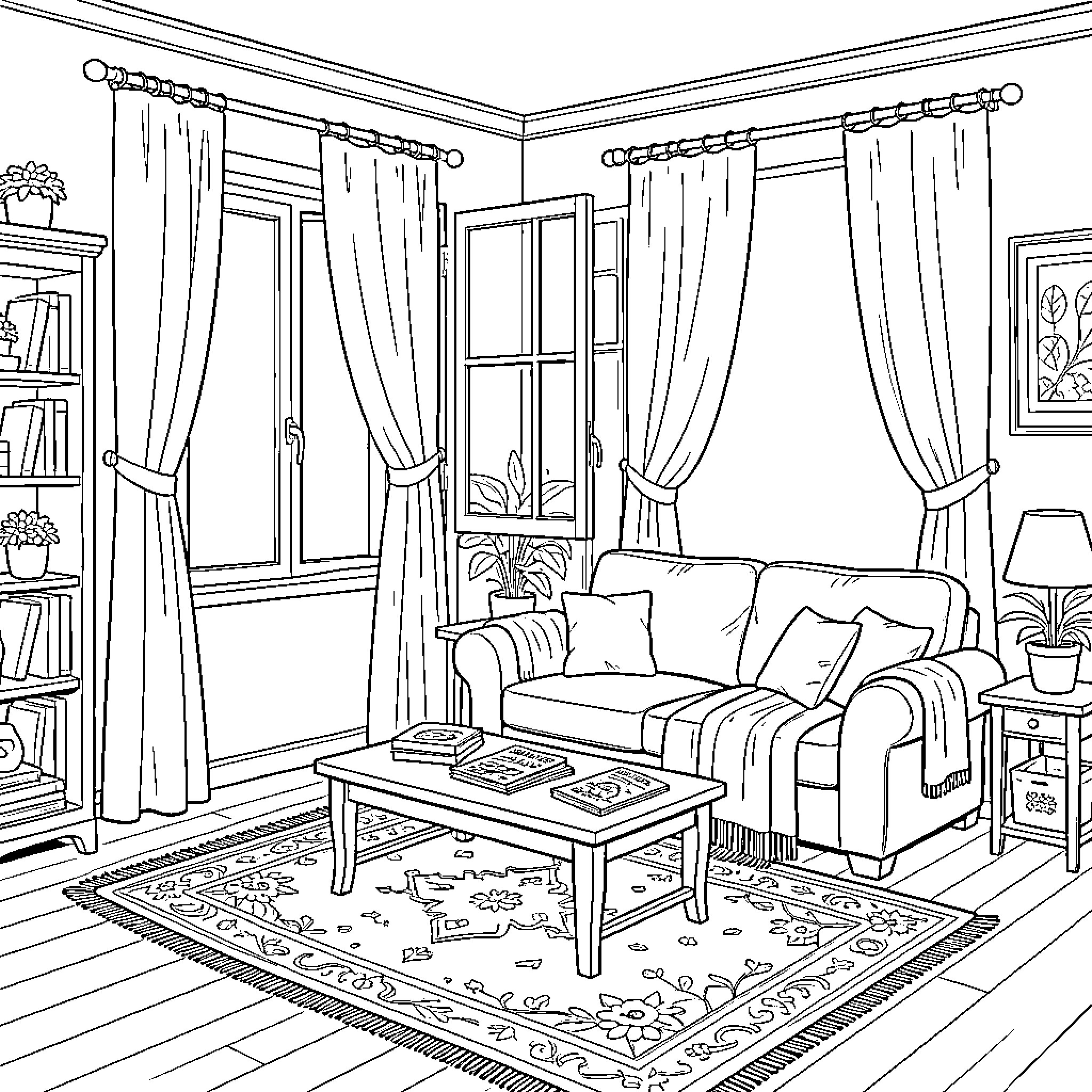 Salon of Comfort and Elegance Coloring Page (free black-and-white line drawing printable PDF for all, from beginners to advanced learners, including children, teens, adults, and seniors)