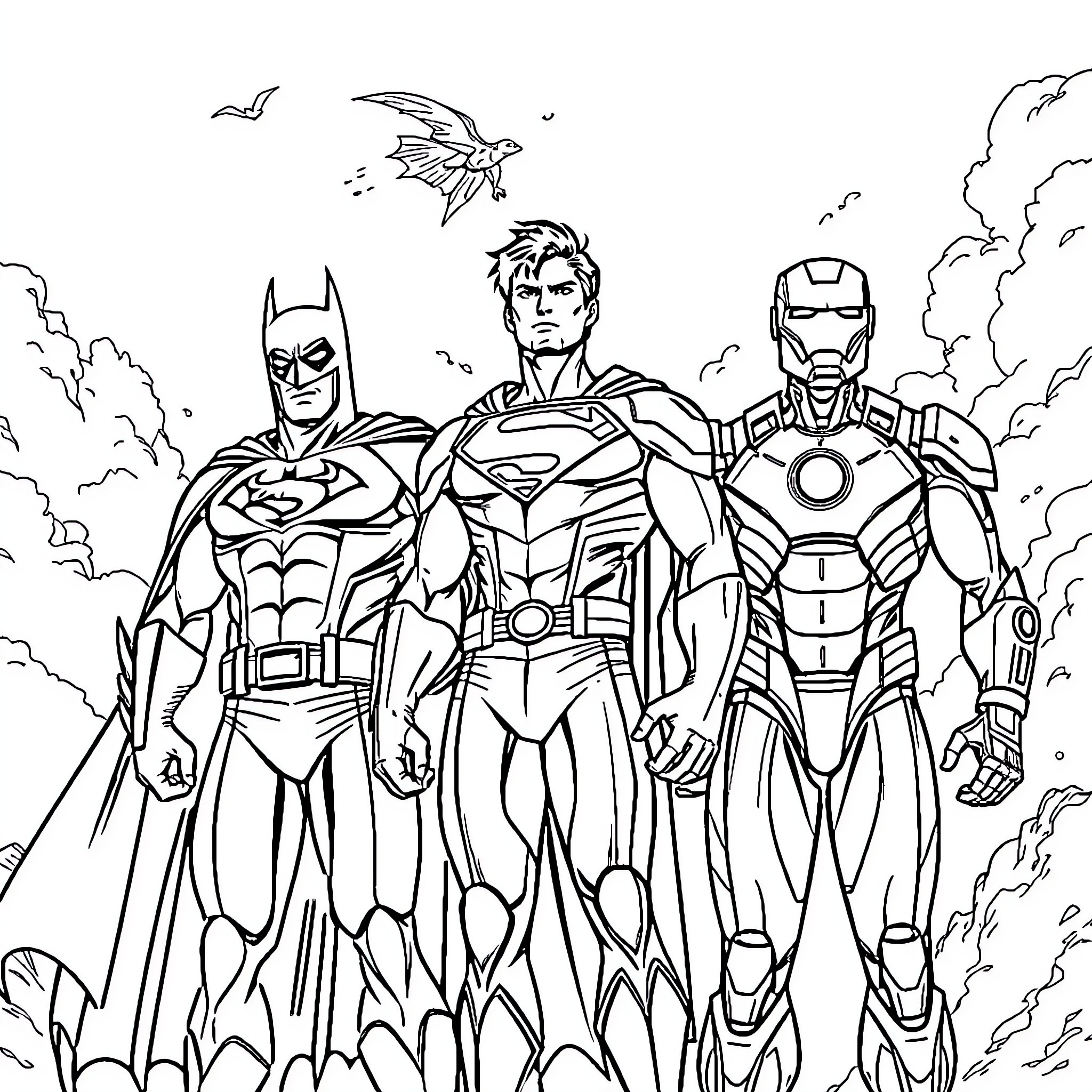 Superhero team in action pose Coloring Page (free black-and-white line drawing printable PDF for all, from beginners to advanced learners, including children, teens, adults, and seniors)
