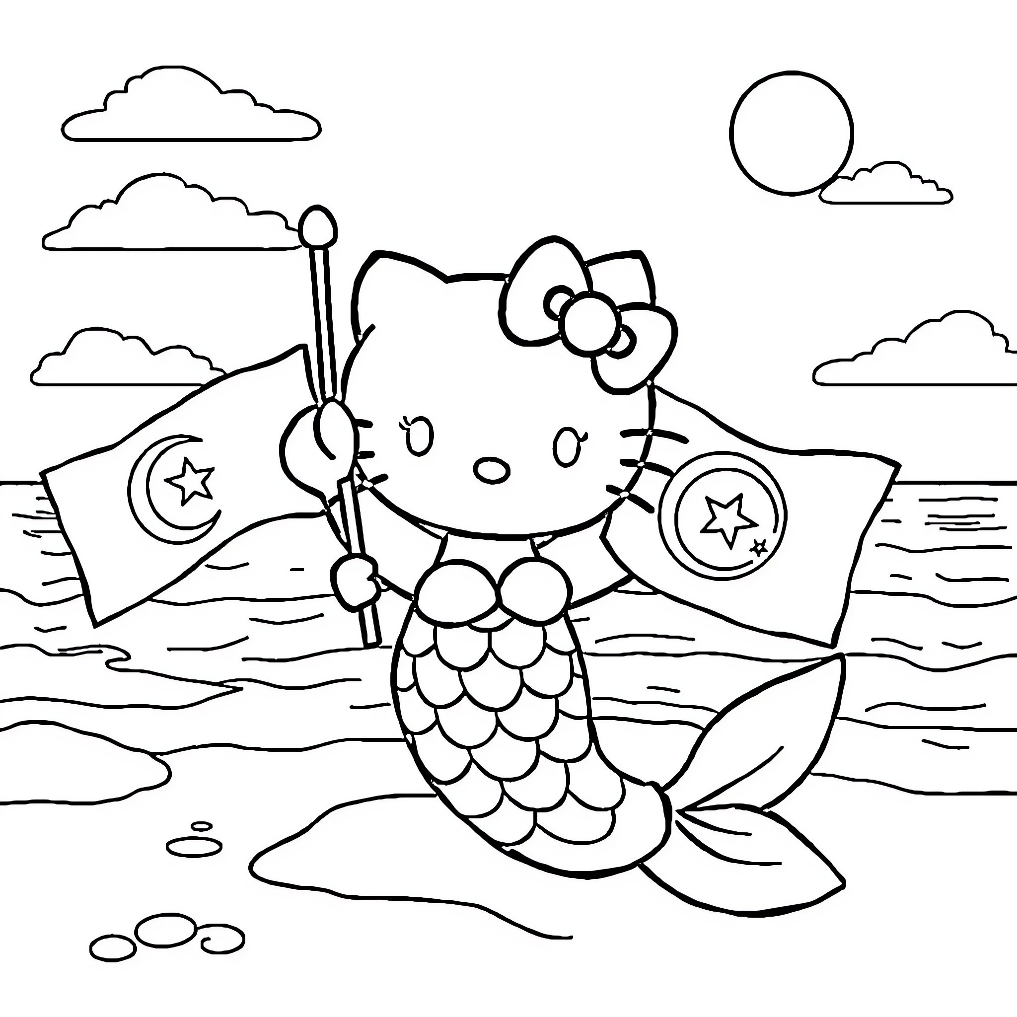 Mermaid Hello Kitty frolicking in the ocean Coloring Page (free black-and-white line drawing printable PDF for all, from beginners to advanced learners, including children, teens, adults, and seniors)
