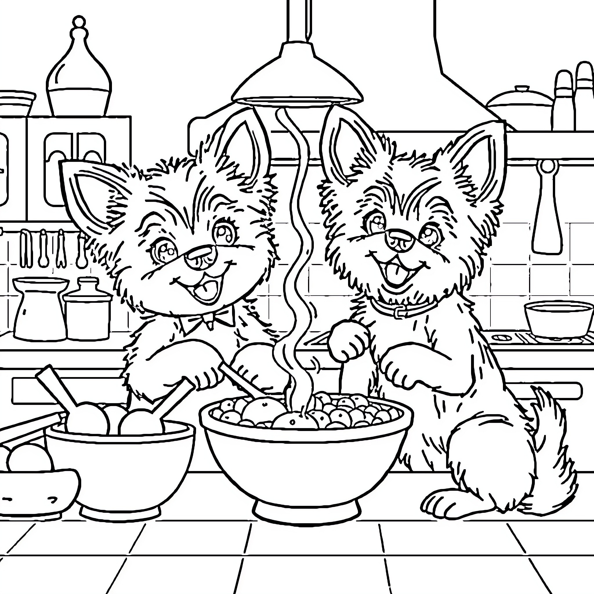 Bluey and friend cooking happily in the kitchen Coloring Page (free black-and-white line drawing printable PDF for all, from beginners to advanced learners, including children, teens, adults, and seniors)