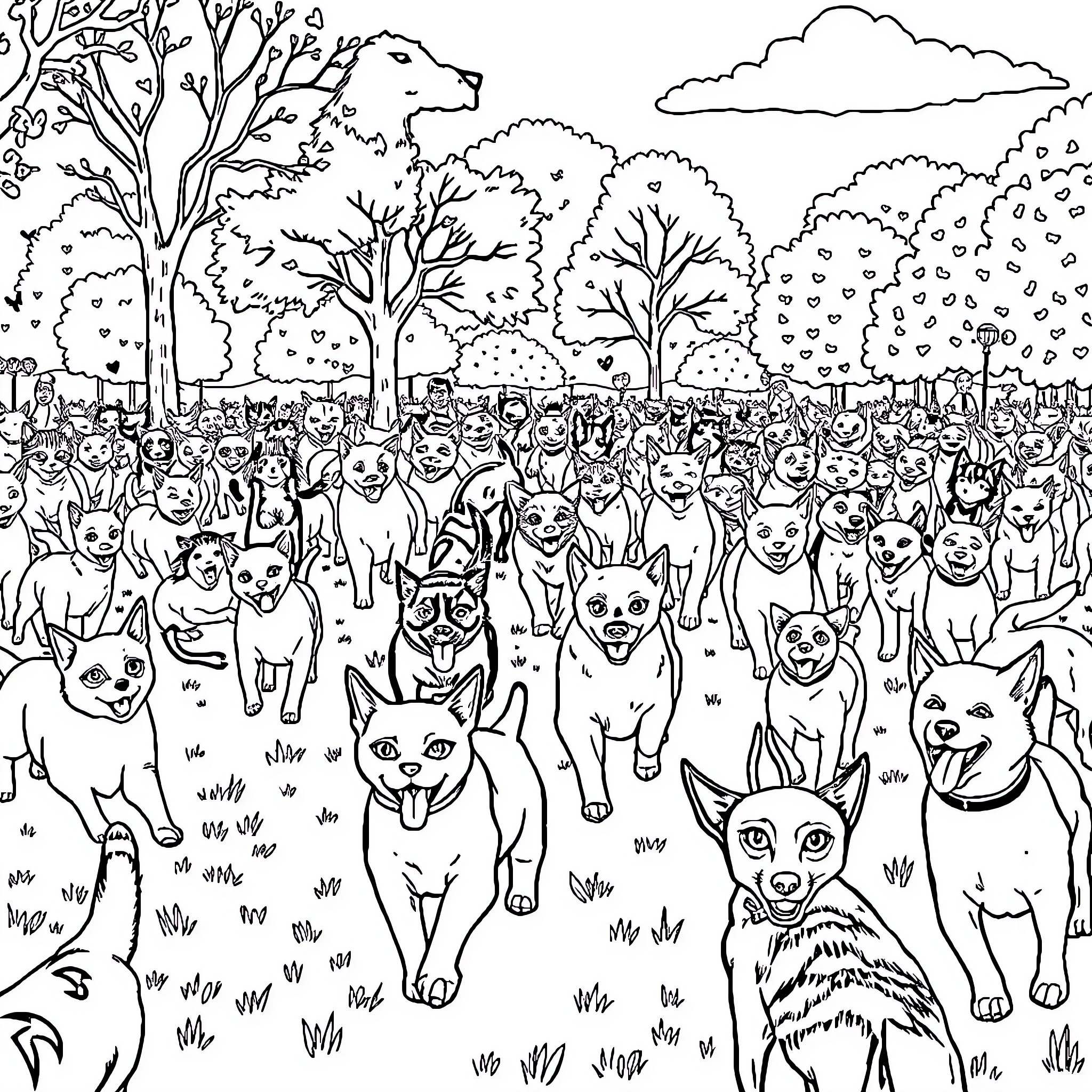 Cat and Dog Gathering of Joyful Pets in Nature Coloring Page (free black-and-white line drawing printable PDF for all, from beginners to advanced learners, including children, teens, adults, and seniors)