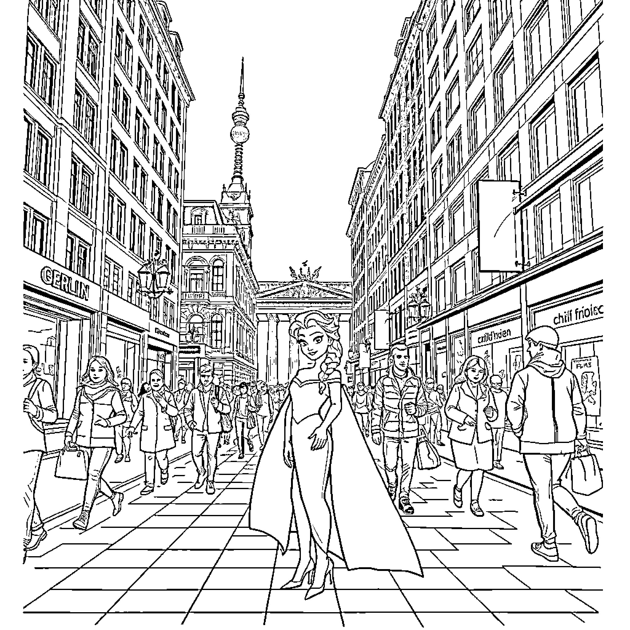 Elsa's Enchanting Journey through the City Streets Coloring Page (free black-and-white line drawing printable PDF for all, from beginners to advanced learners, including children, teens, adults, and seniors)