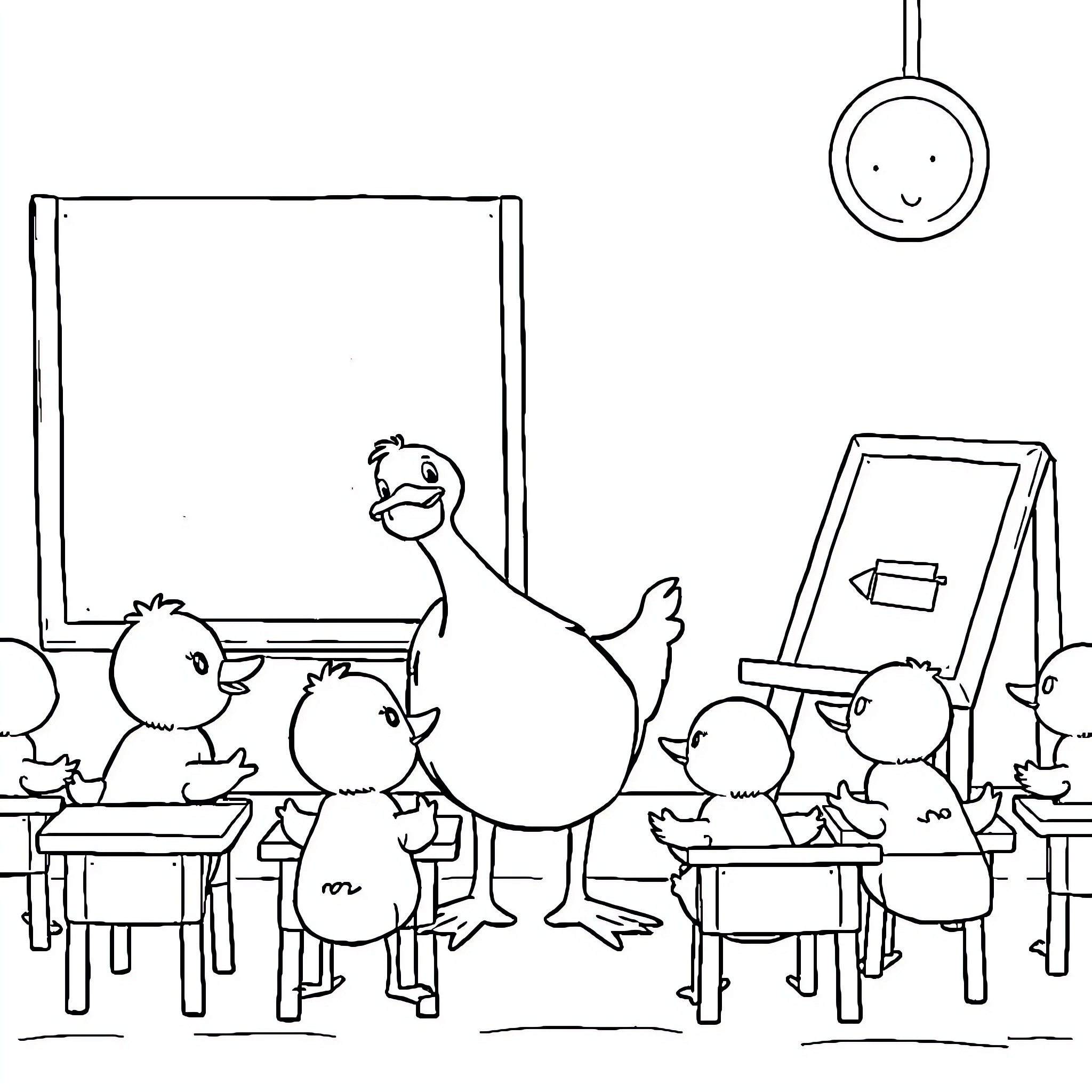 Duck teaching ducklings in classroom setting Coloring Page (free black-and-white line drawing printable PDF for all, from beginners to advanced learners, including children, teens, adults, and seniors)