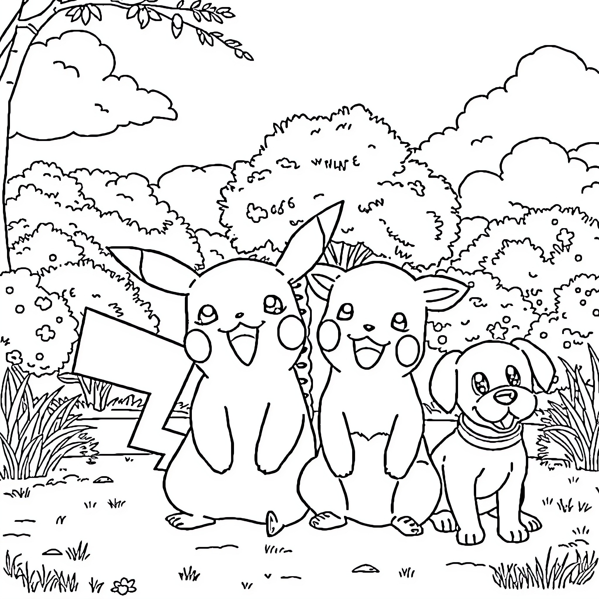 Pikachu and friends enjoying the outdoors Coloring Page (free black-and-white line drawing printable PDF for all, from beginners to advanced learners, including children, teens, adults, and seniors)