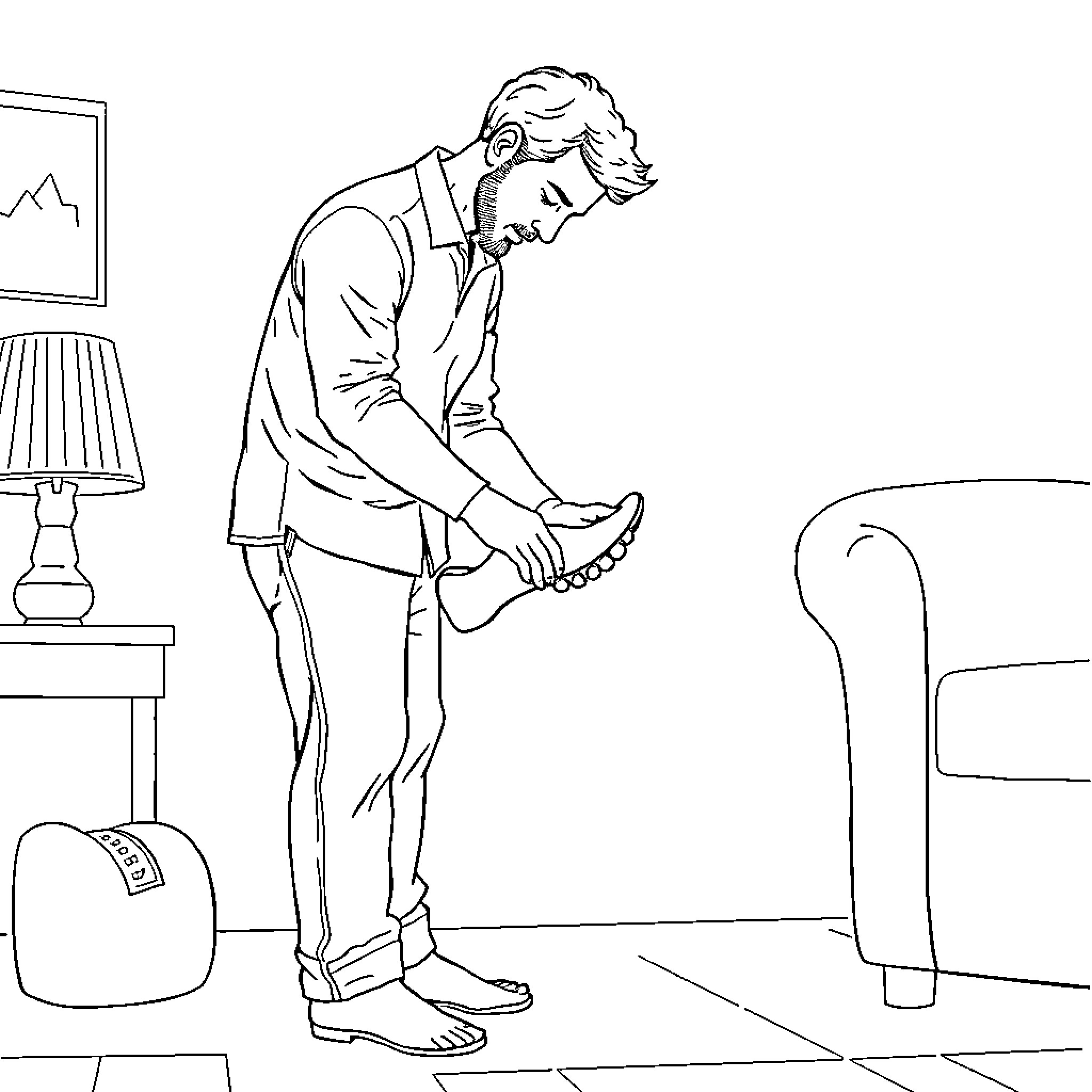 Man putting on his boots in a room Coloring Page (free black-and-white line drawing printable PDF for all, from beginners to advanced learners, including children, teens, adults, and seniors)