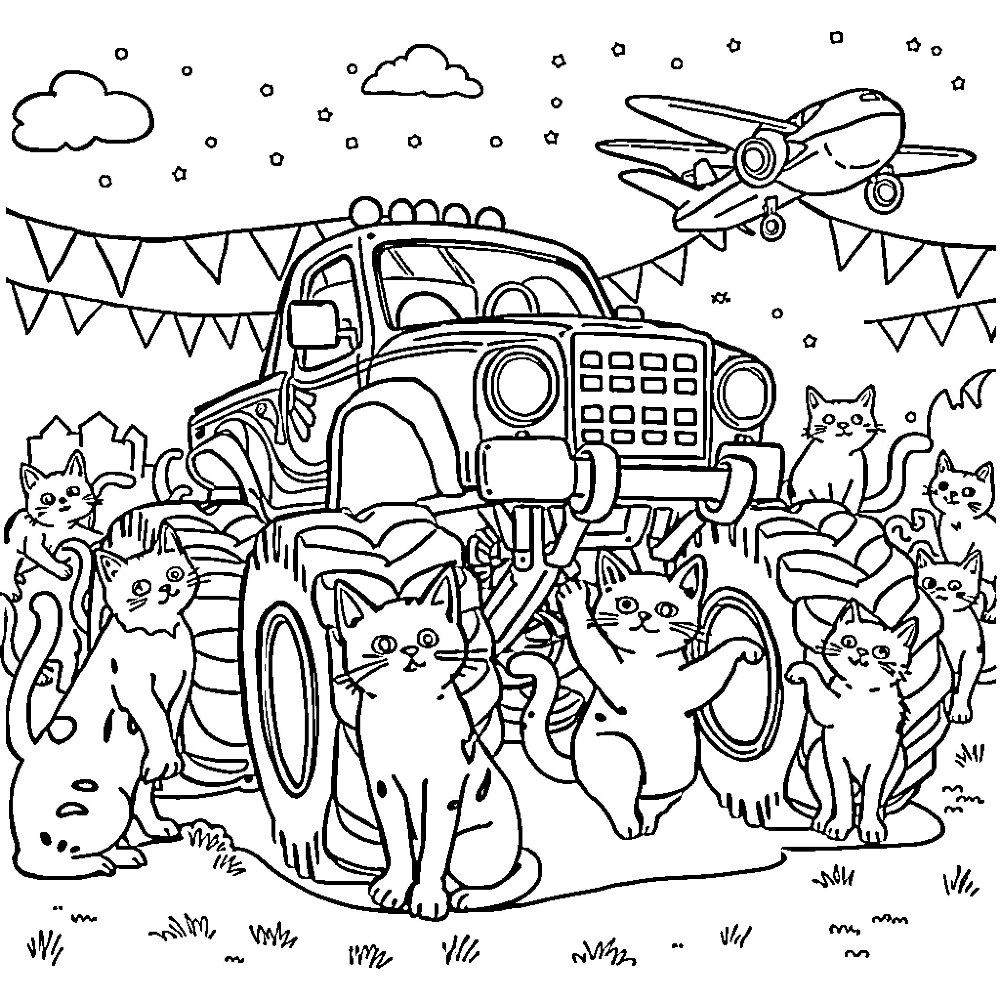 Monster Truck Carrying Cats at the Festival Coloring Page (free black-and-white line drawing printable PDF for all, from beginners to advanced learners, including children, teens, adults, and seniors)