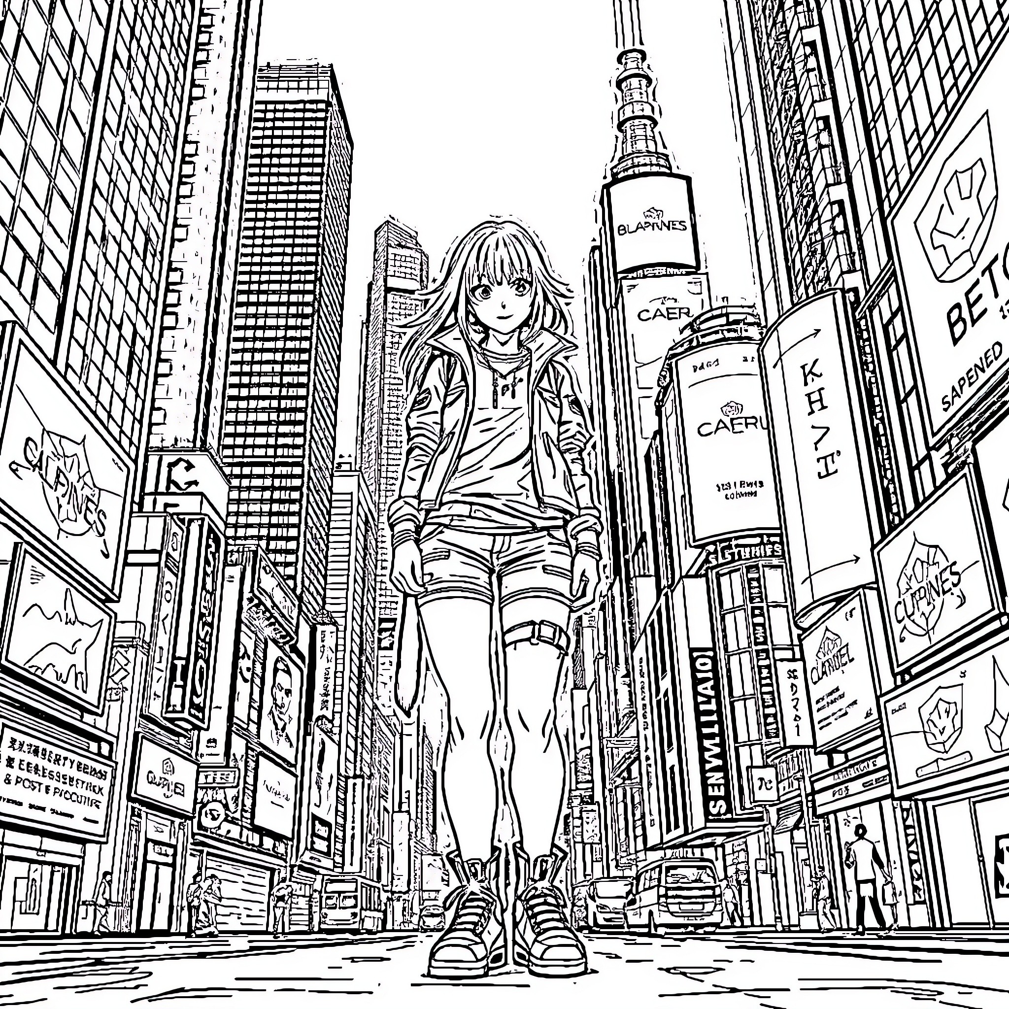 Cyberpunk Girl in a Futuristic City Landscape Coloring Page (free black-and-white line drawing printable PDF for all, from beginners to advanced learners, including children, teens, adults, and seniors)