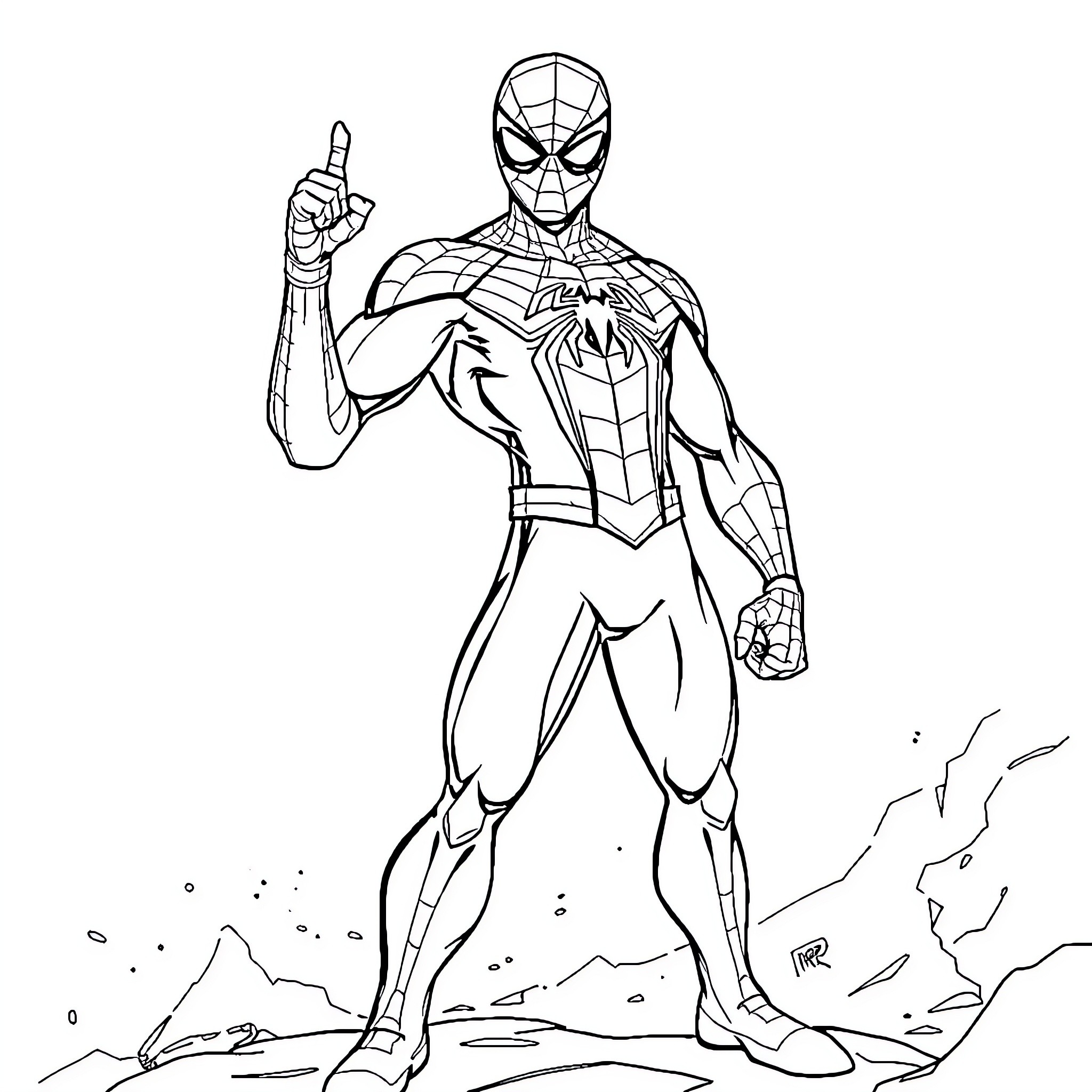 Spider-Man in heroic pose with webbing Coloring Page (free black-and-white line drawing printable PDF for all, from beginners to advanced learners, including children, teens, adults, and seniors)