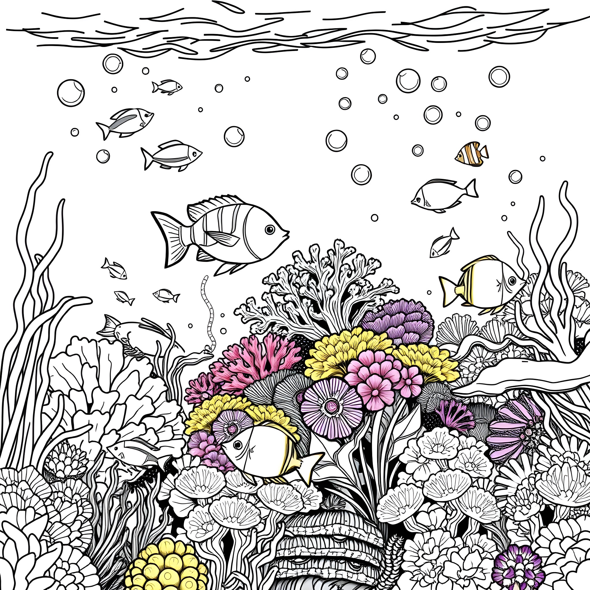 Fish swimming amidst vibrant underwater coral reef Coloring Page (free black-and-white line drawing printable PDF for all, from beginners to advanced learners, including children, teens, adults, and seniors)