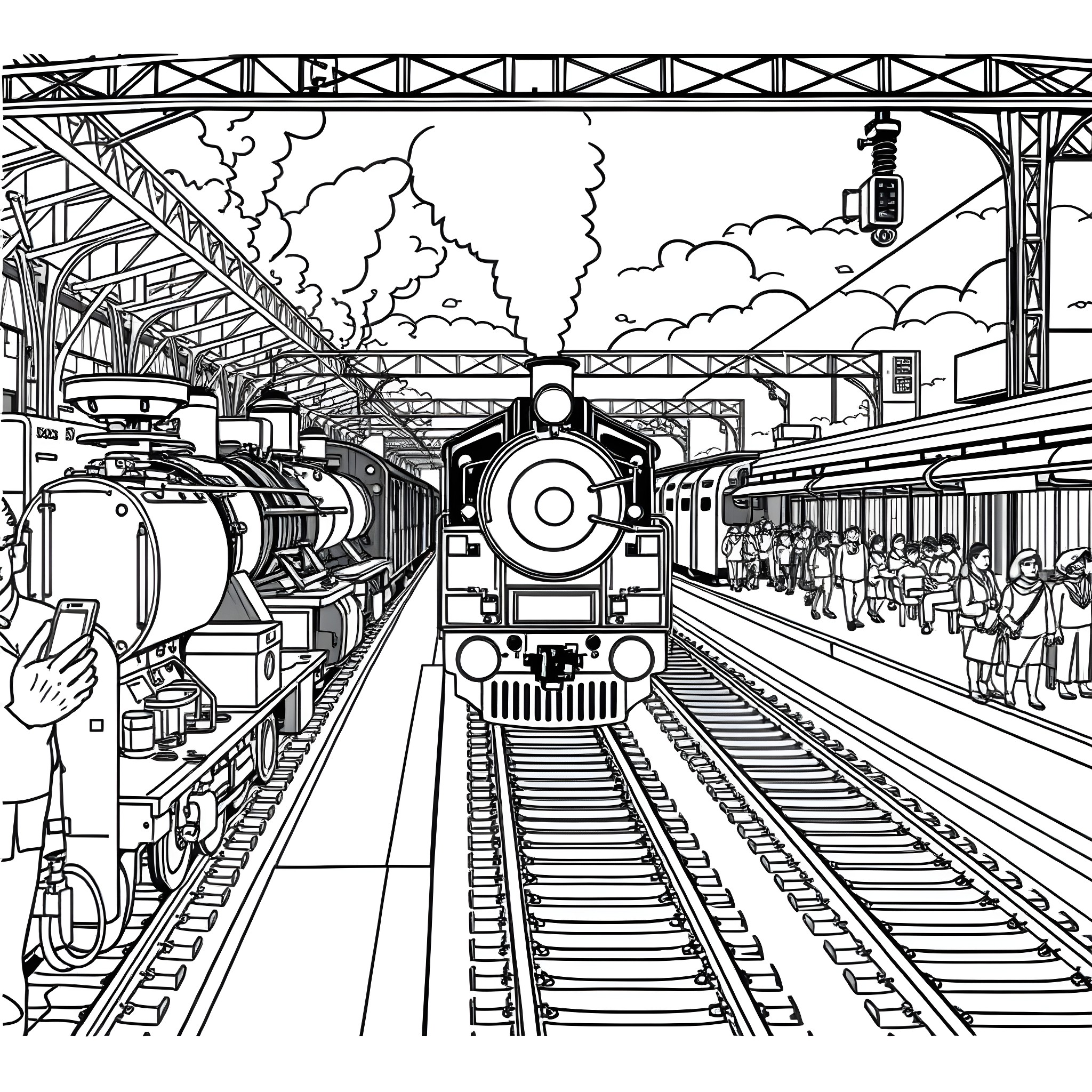 Train station with locomotive and passengers Coloring Page (free black-and-white line drawing printable PDF for all, from beginners to advanced learners, including children, teens, adults, and seniors)