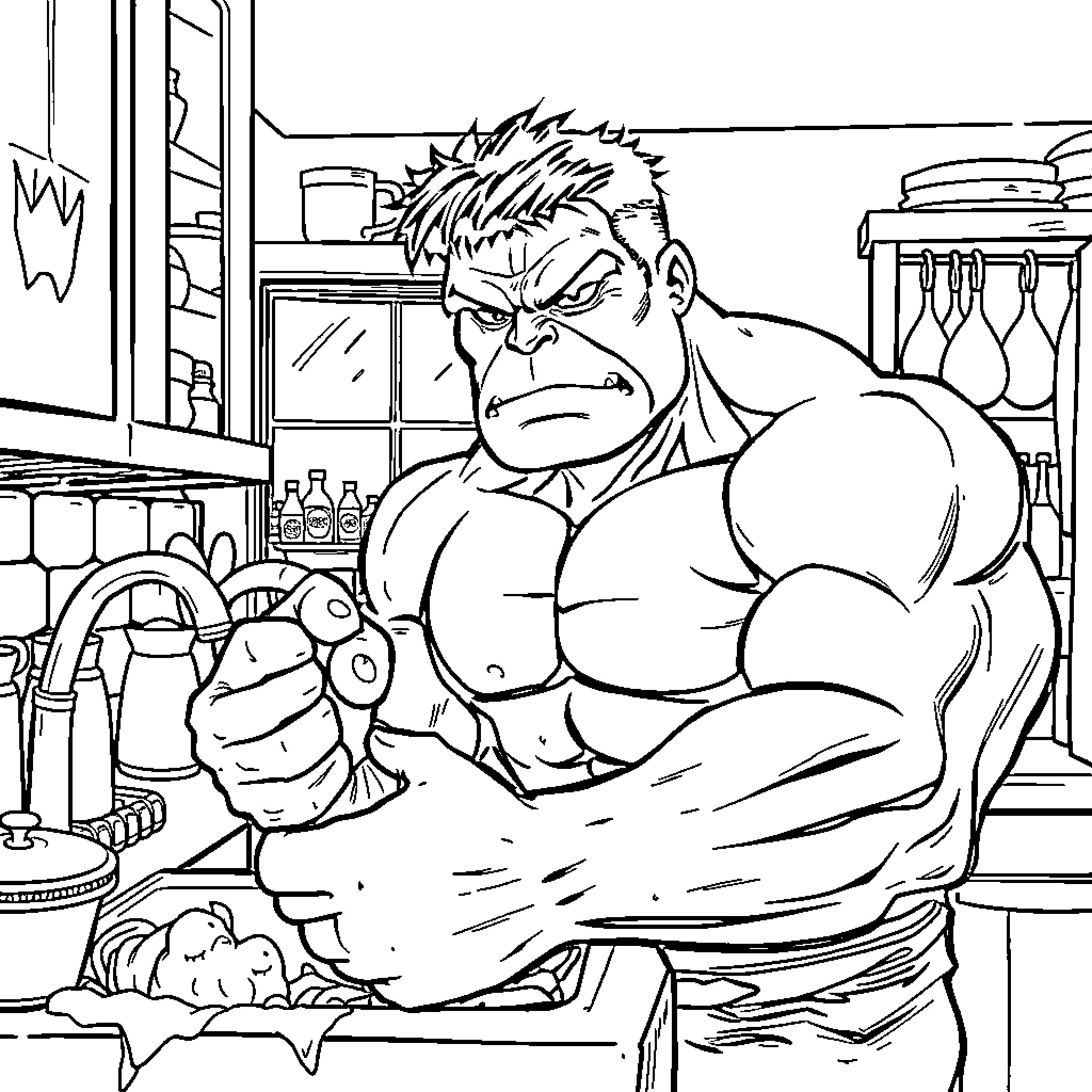 Hulk Unleashing Rage in a Kitchen Setting Coloring Page (free black-and-white line drawing printable PDF for all, from beginners to advanced learners, including children, teens, adults, and seniors)