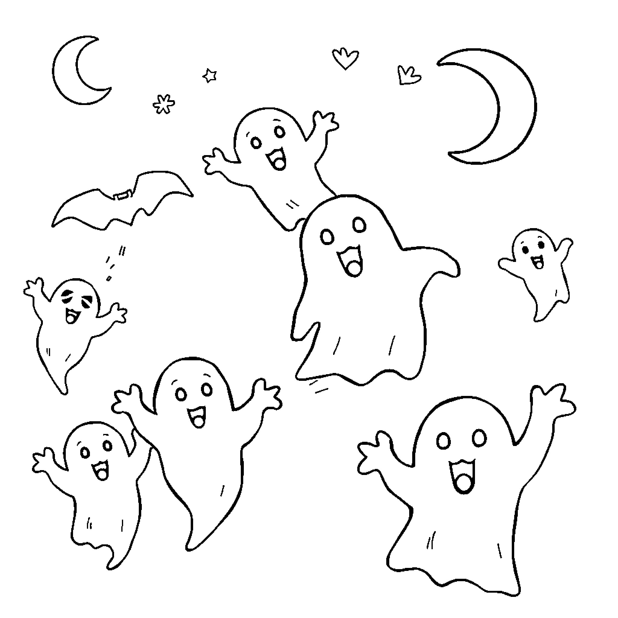 Ghost characters in a playful Halloween scene Coloring Page (free black-and-white line drawing printable PDF for all, from beginners to advanced learners, including children, teens, adults, and seniors)