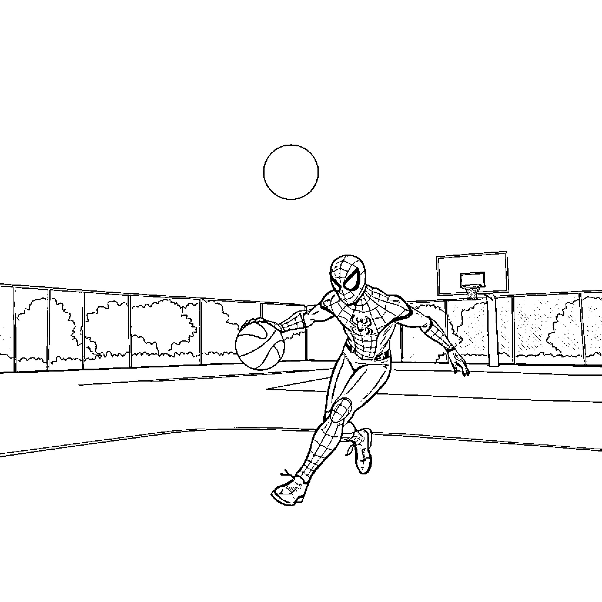 Spiderman playing basketball on the court Coloring Page (free black-and-white line drawing printable PDF for all, from beginners to advanced learners, including children, teens, adults, and seniors)