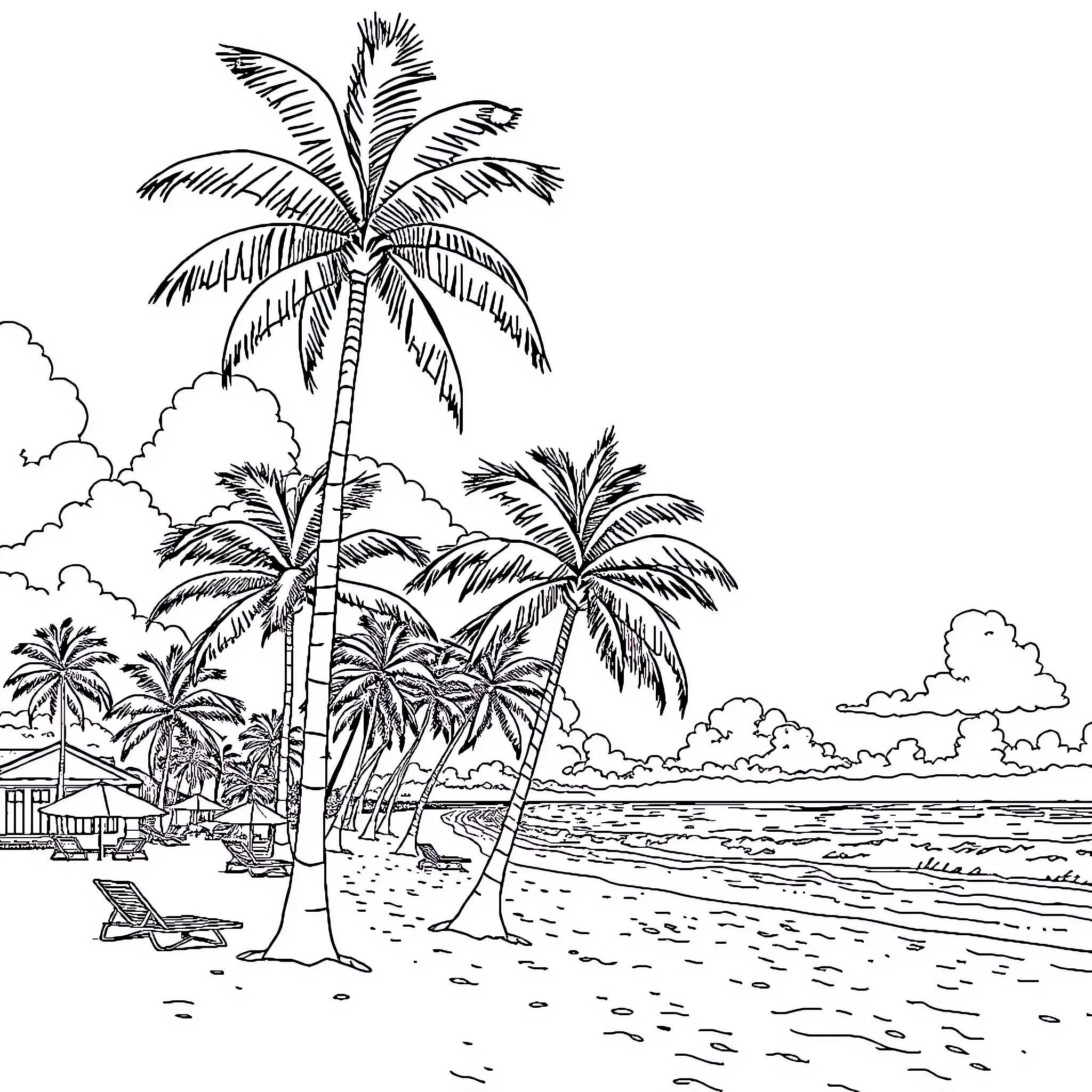 Florida Coastal Beach Scene with Palm Trees Coloring Page (free black-and-white line drawing printable PDF for all, from beginners to advanced learners, including children, teens, adults, and seniors)