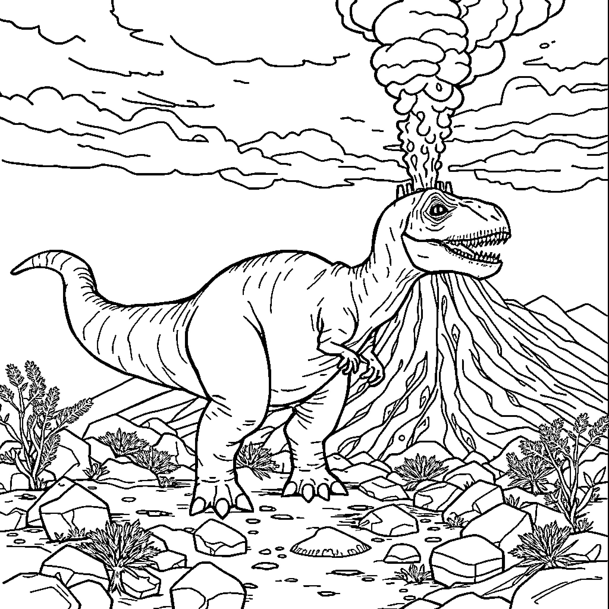 Dinosaur erupting from volcano with dramatic scenery Coloring Page (free black-and-white line drawing printable PDF for all, from beginners to advanced learners, including children, teens, adults, and seniors)