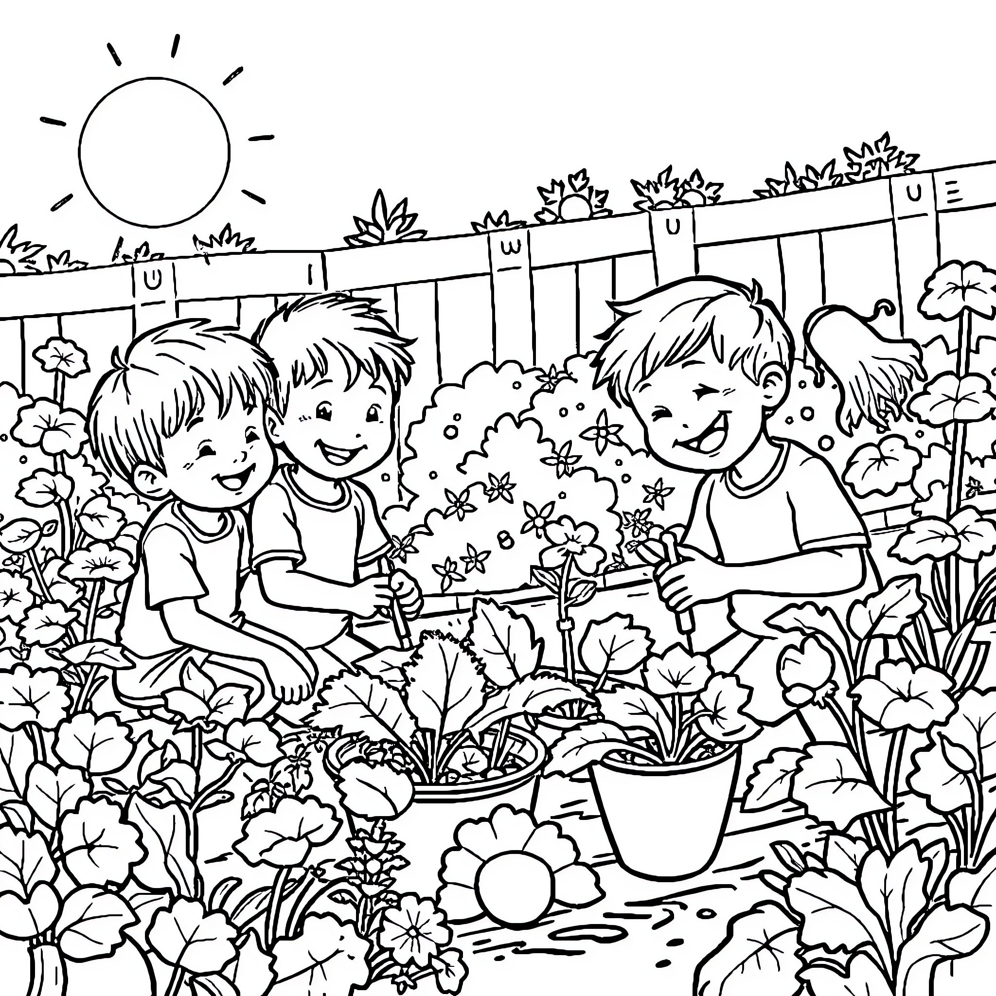 Child playing in a lush garden with friends Coloring Page (free black-and-white line drawing printable PDF for all, from beginners to advanced learners, including children, teens, adults, and seniors)