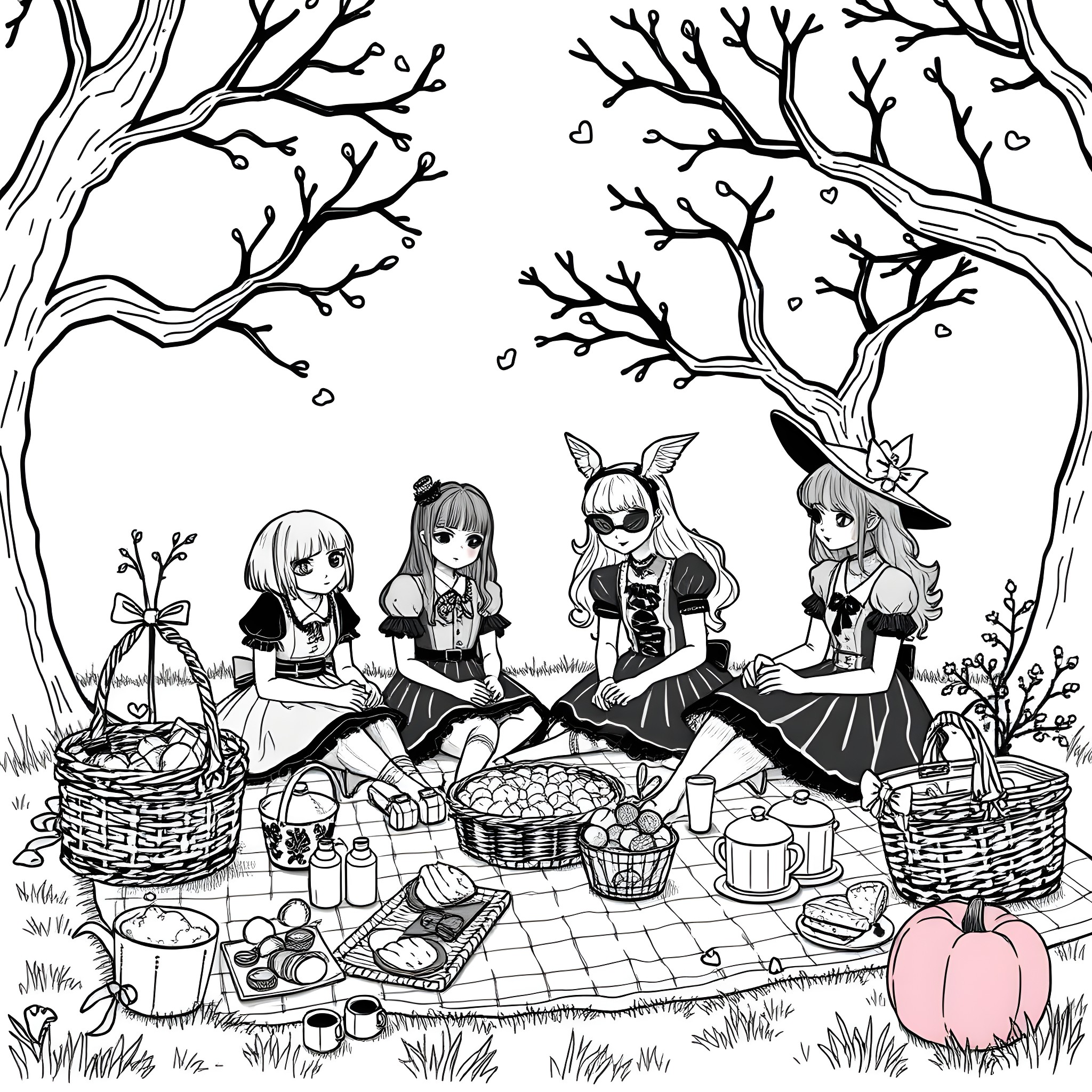 Girl friends having a picnic in the woods Coloring Page (free black-and-white line drawing printable PDF for all, from beginners to advanced learners, including children, teens, adults, and seniors)