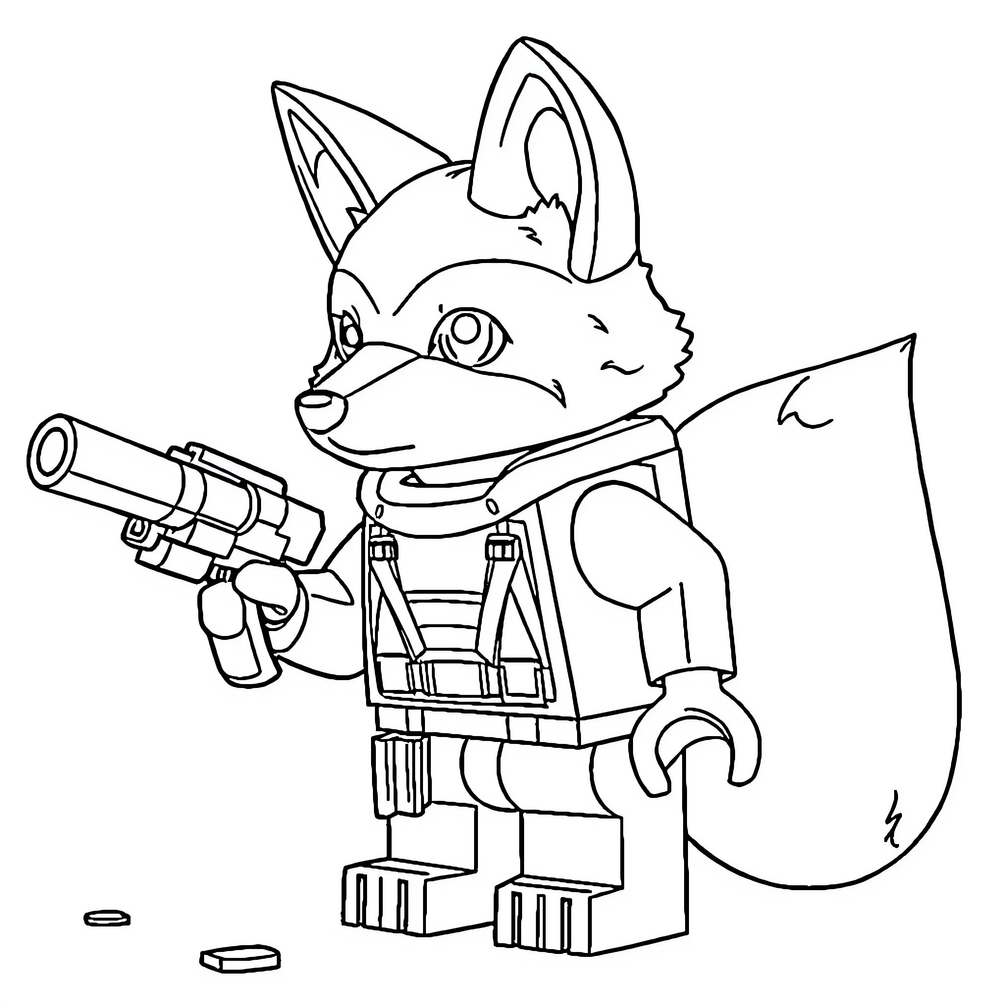 Fox character with weapon poses for action Coloring Page (free black-and-white line drawing printable PDF for all, from beginners to advanced learners, including children, teens, adults, and seniors)