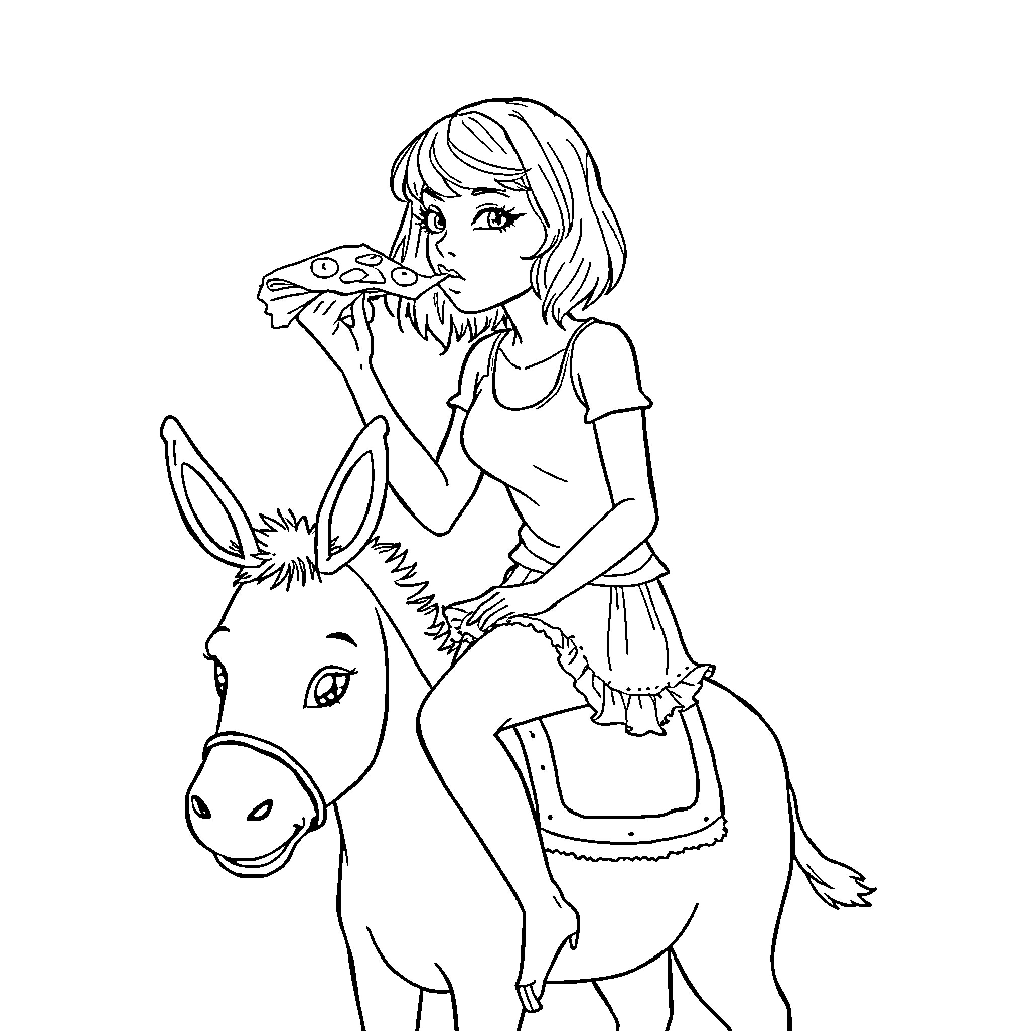 Taylor Swift riding a whimsical donkey in a fantasy setting Coloring Page (free black-and-white line drawing printable PDF for all, from beginners to advanced learners, including children, teens, adults, and seniors)