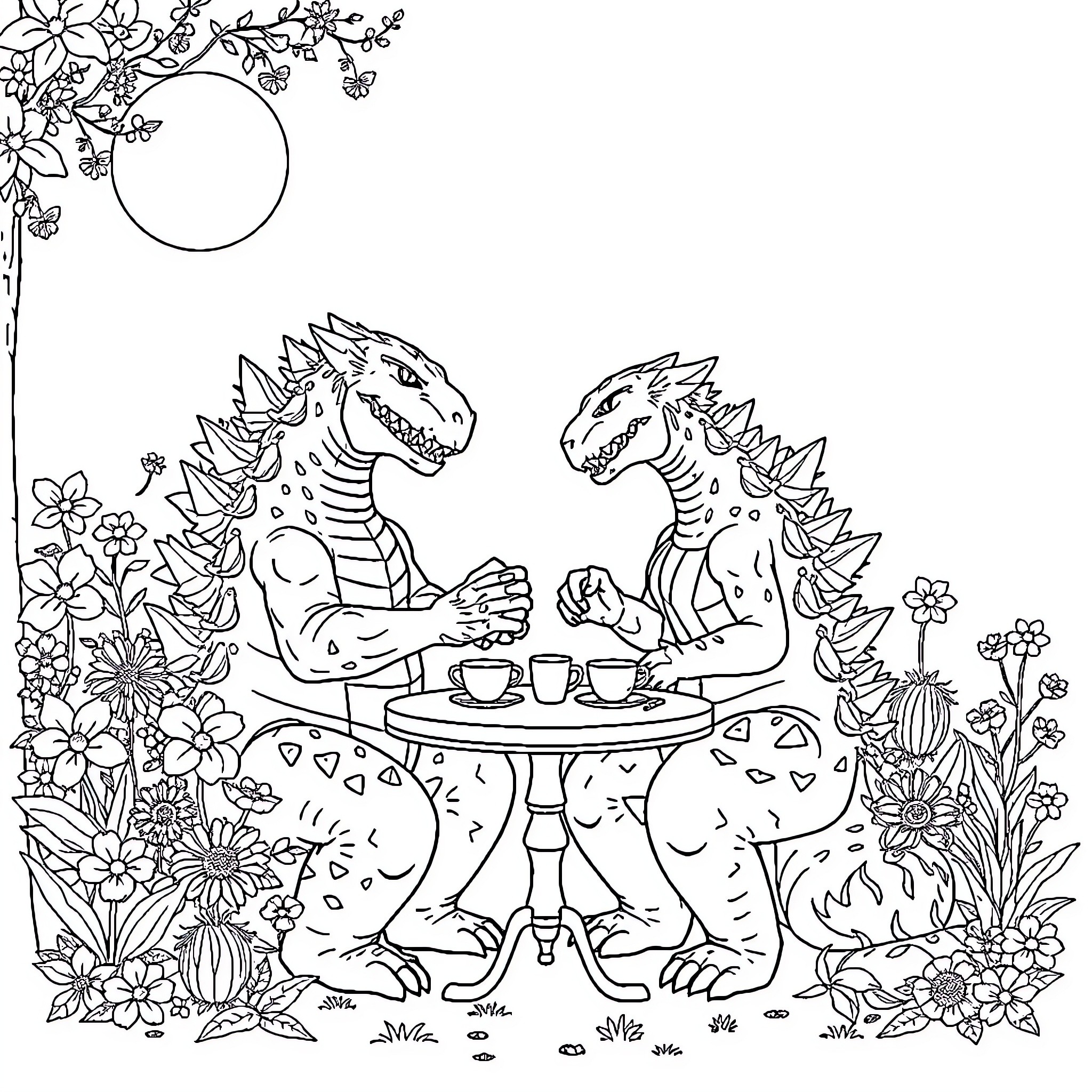 Godzilla's Floral Tea Party with Friends Coloring Page (free black-and-white line drawing printable PDF for all, from beginners to advanced learners, including children, teens, adults, and seniors)