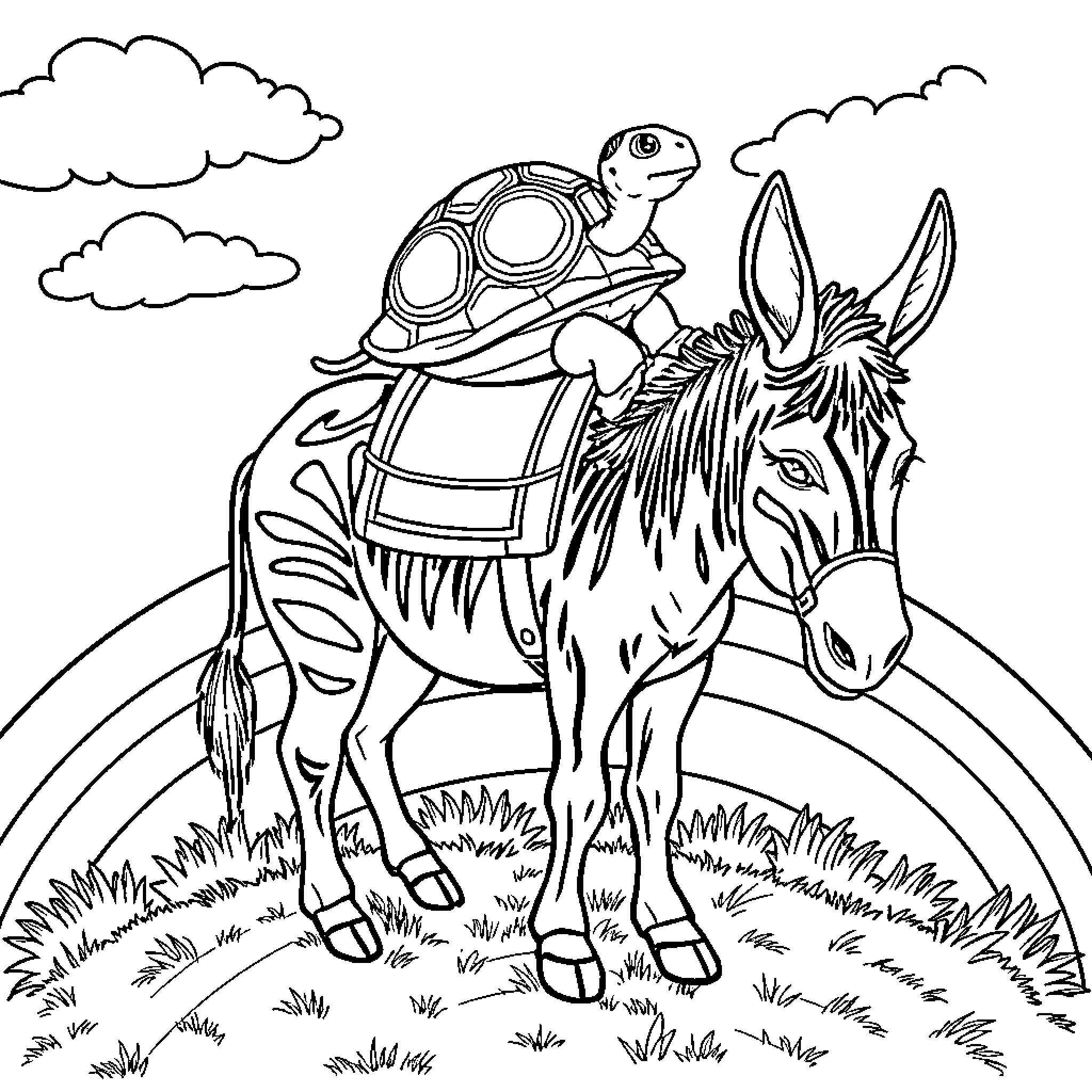 Turtle riding a zebra in a whimsical landscape Coloring Page (free black-and-white line drawing printable PDF for all, from beginners to advanced learners, including children, teens, adults, and seniors)