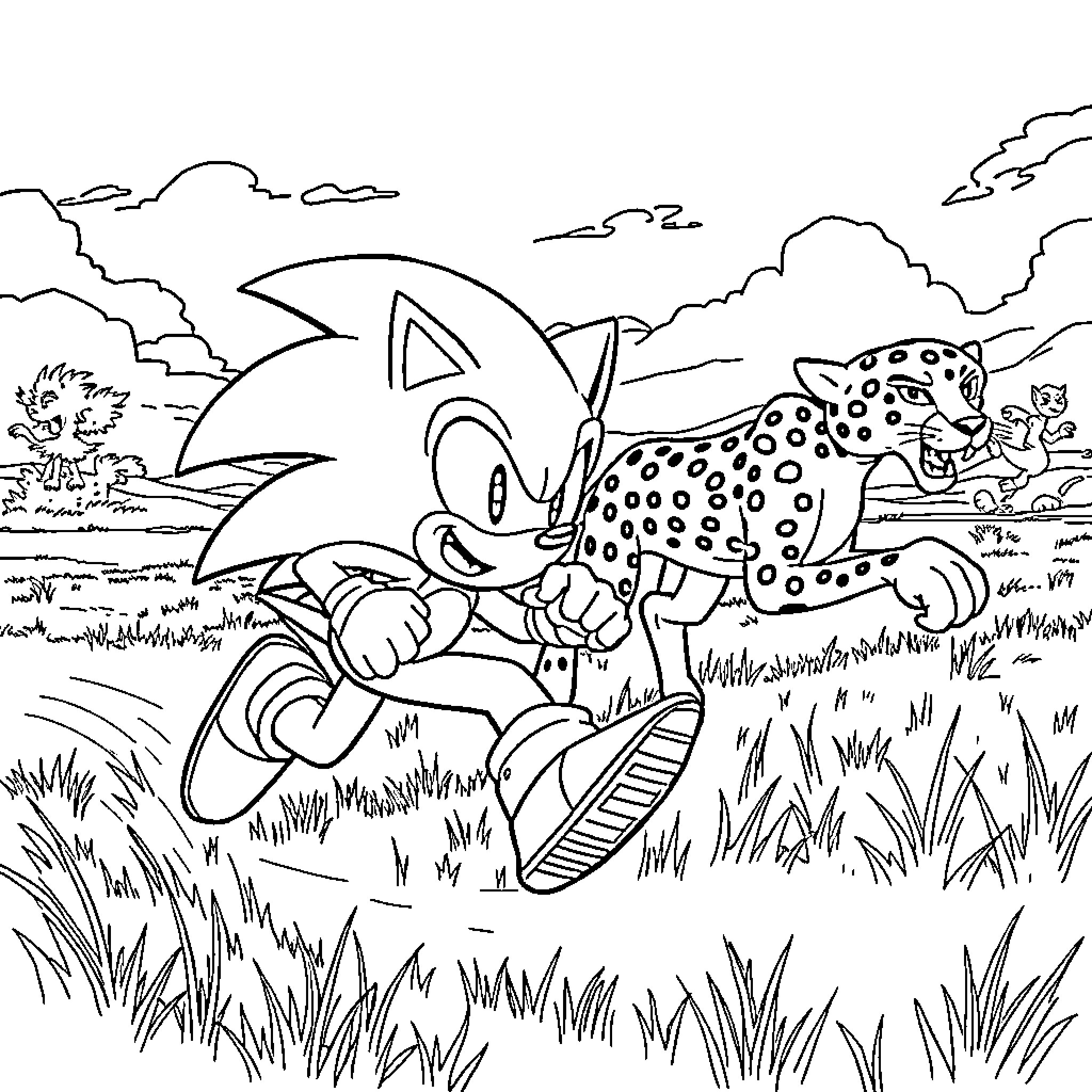 Sonic racing through the wild with animal friends Coloring Page (free black-and-white line drawing printable PDF for all, from beginners to advanced learners, including children, teens, adults, and seniors)
