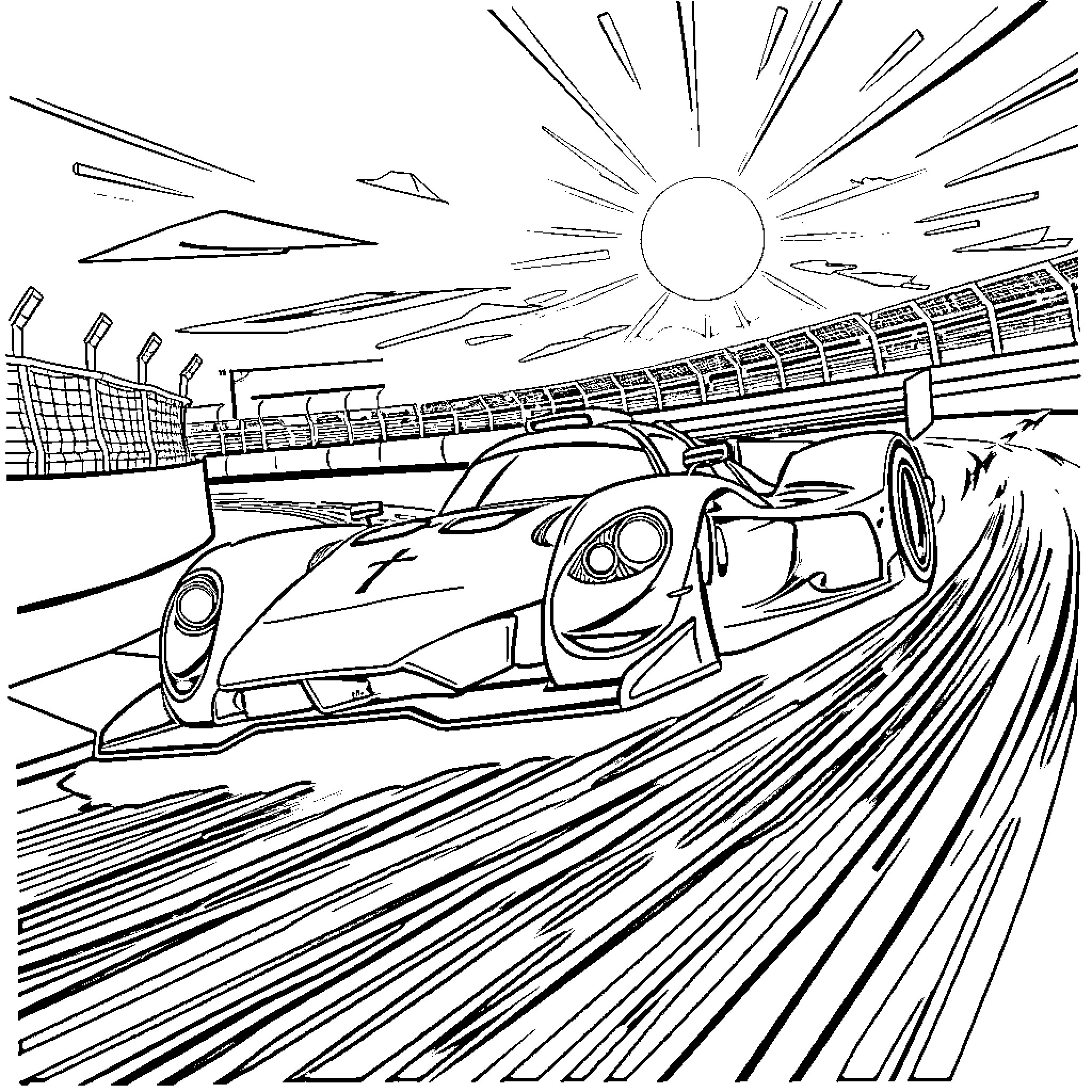 Racecar speeding on track under sunny skies Coloring Page (free black-and-white line drawing printable PDF for all, from beginners to advanced learners, including children, teens, adults, and seniors)