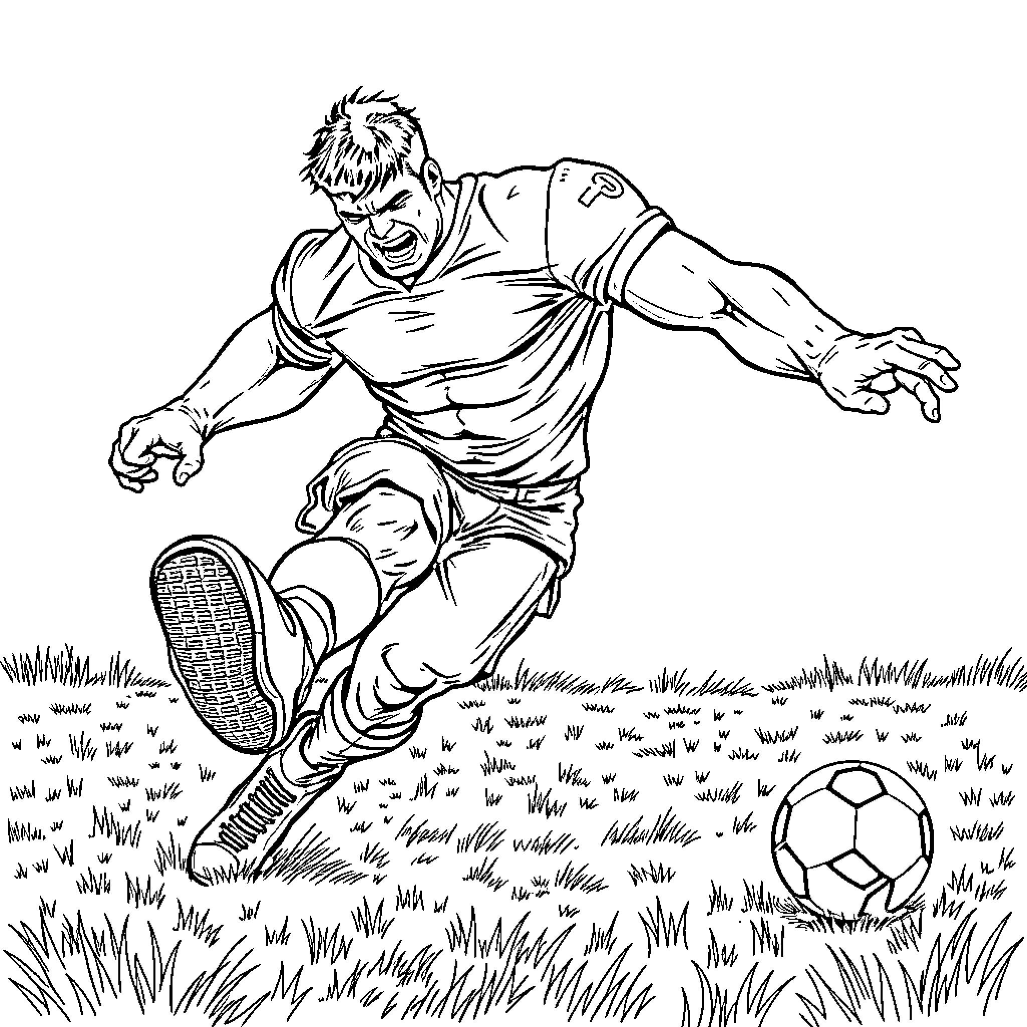 Hulk Kicking a Soccer Ball Fiercely on the Grassy Field Coloring Page (free black-and-white line drawing printable PDF for all, from beginners to advanced learners, including children, teens, adults, and seniors)