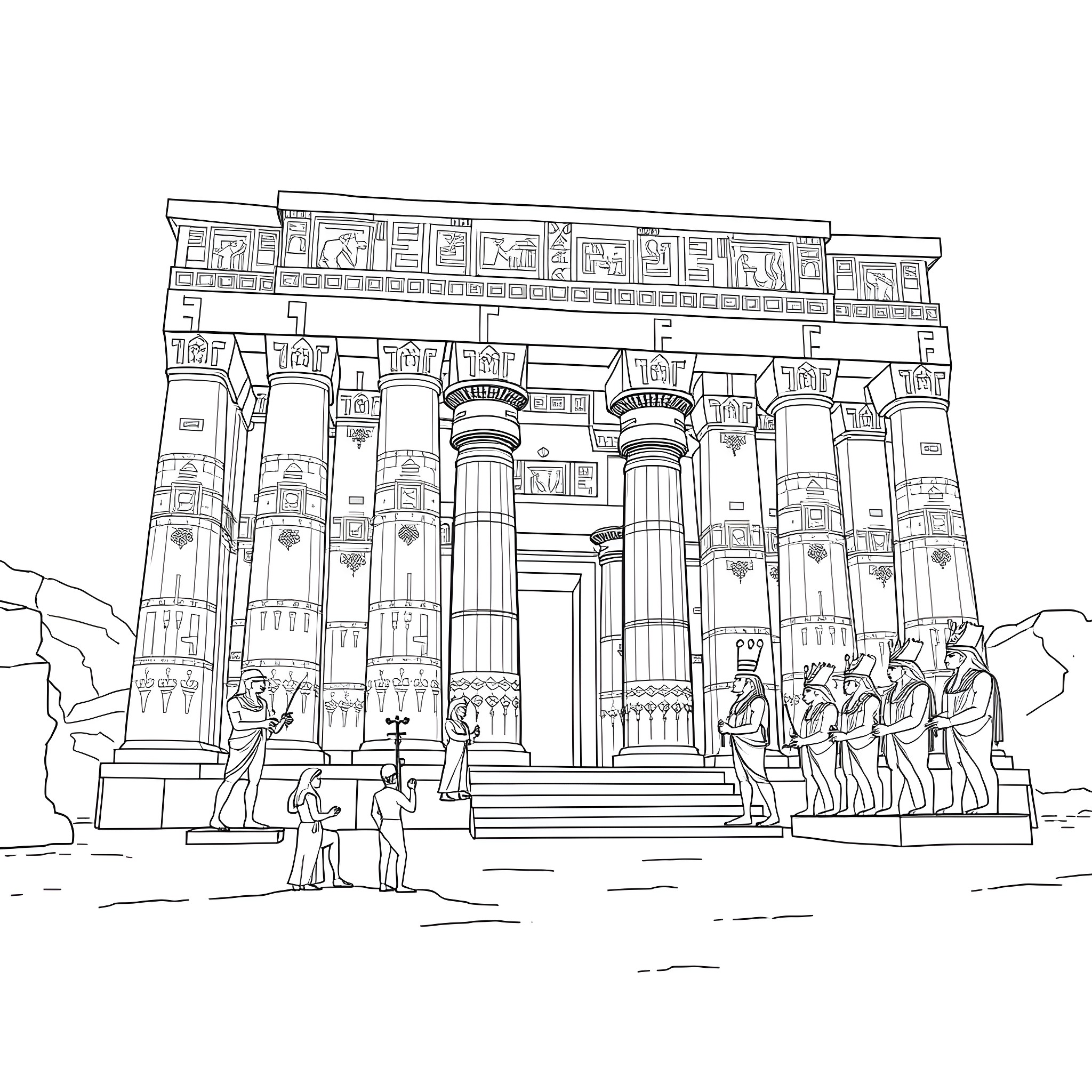 Temple with ornate columns and figures Coloring Page (free black-and-white line drawing printable PDF for all, from beginners to advanced learners, including children, teens, adults, and seniors)
