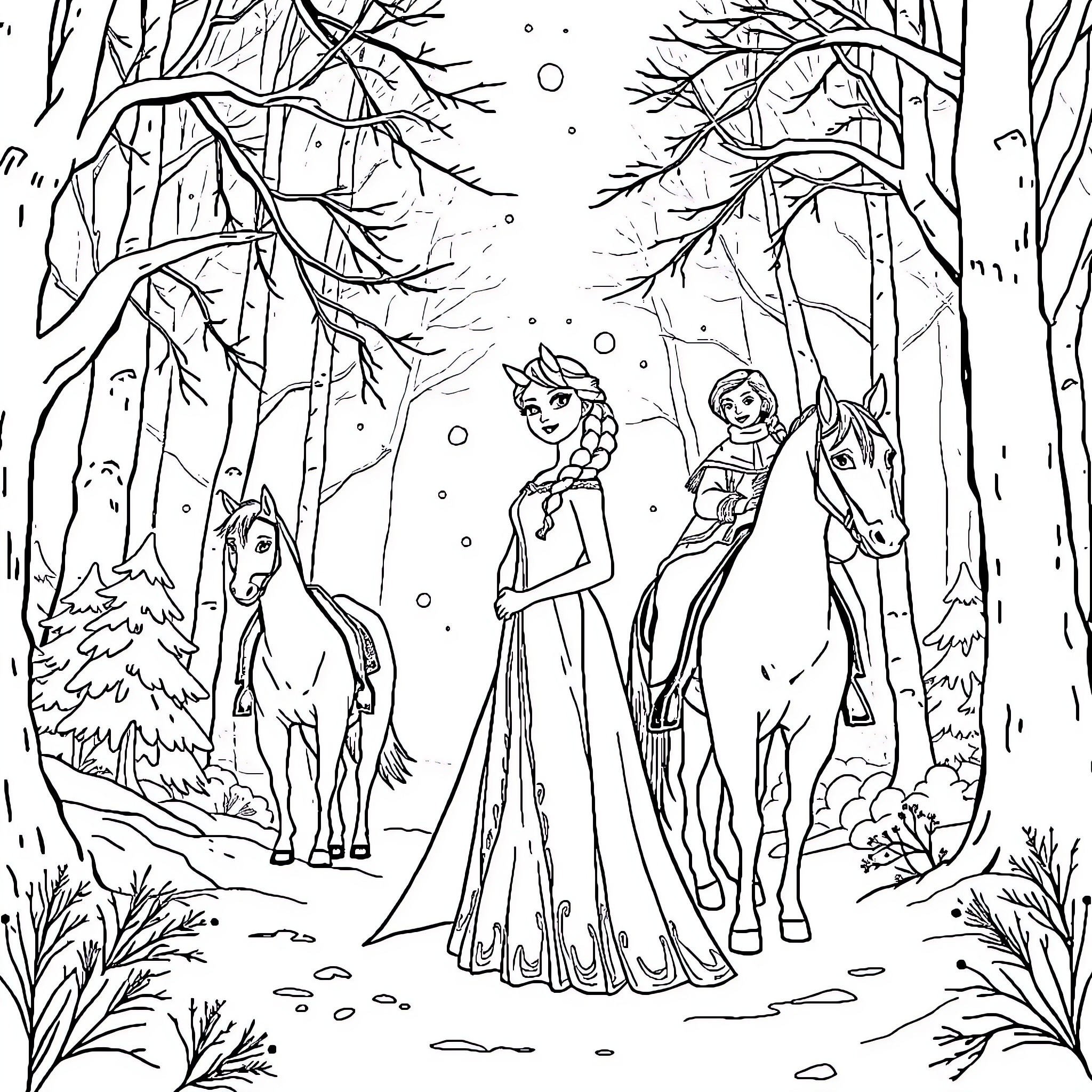 Princess and friends in winter wonderland Coloring Page (free black-and-white line drawing printable PDF for all, from beginners to advanced learners, including children, teens, adults, and seniors)