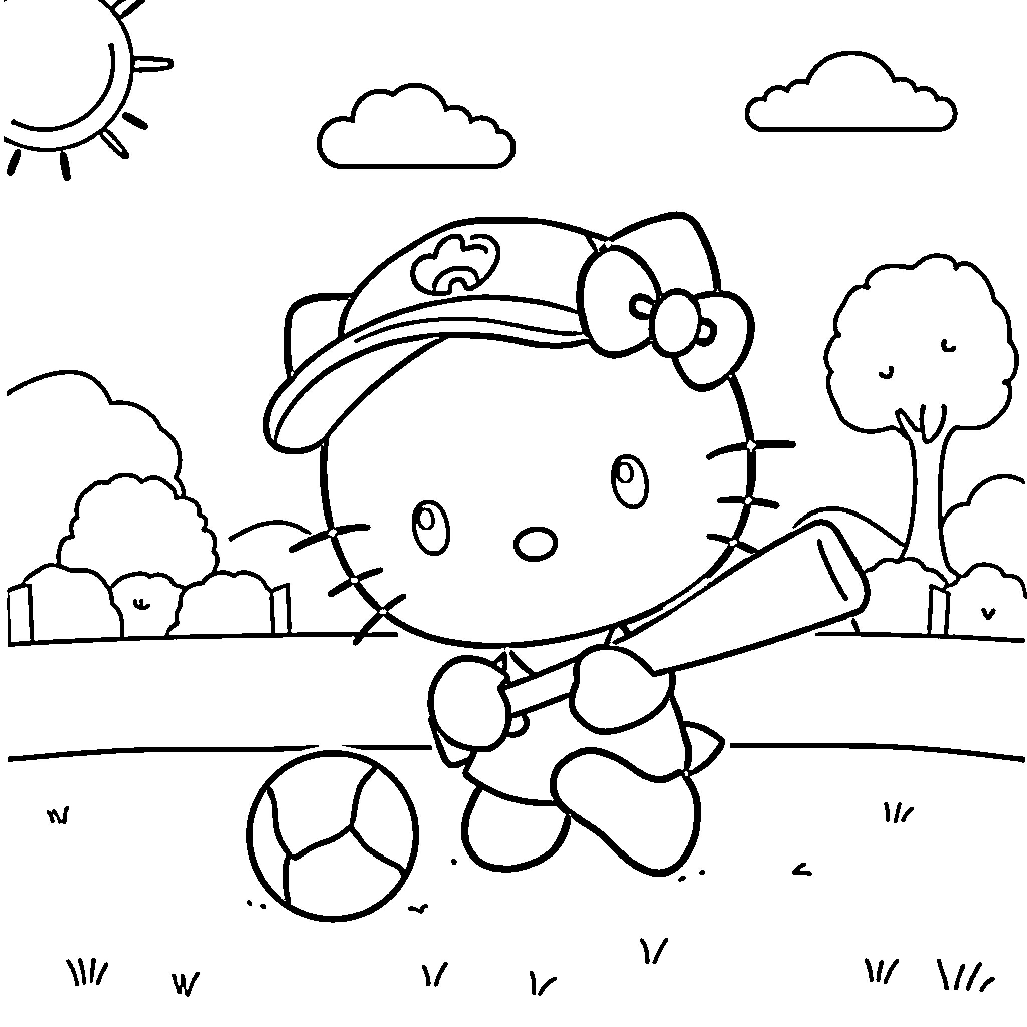 Hello Kitty playing happily outdoors Coloring Page (free black-and-white line drawing printable PDF for all, from beginners to advanced learners, including children, teens, adults, and seniors)